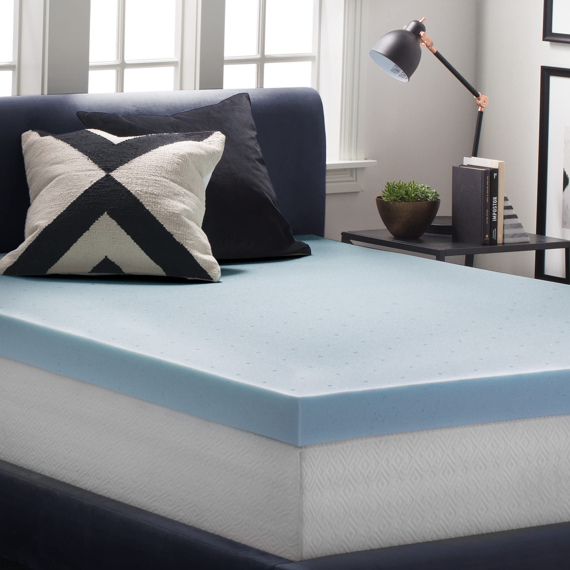 LUCID 4 Inch Gel Memory Foam Mattress Topper - Ventilated Cooling Design, Ultra Plush Comfort, CertiPUR-US Certified, Full Size, Blue - Perfect for Hot Sleepers & Pressure Relief in Bedrooms, Guest Rooms & Dorms