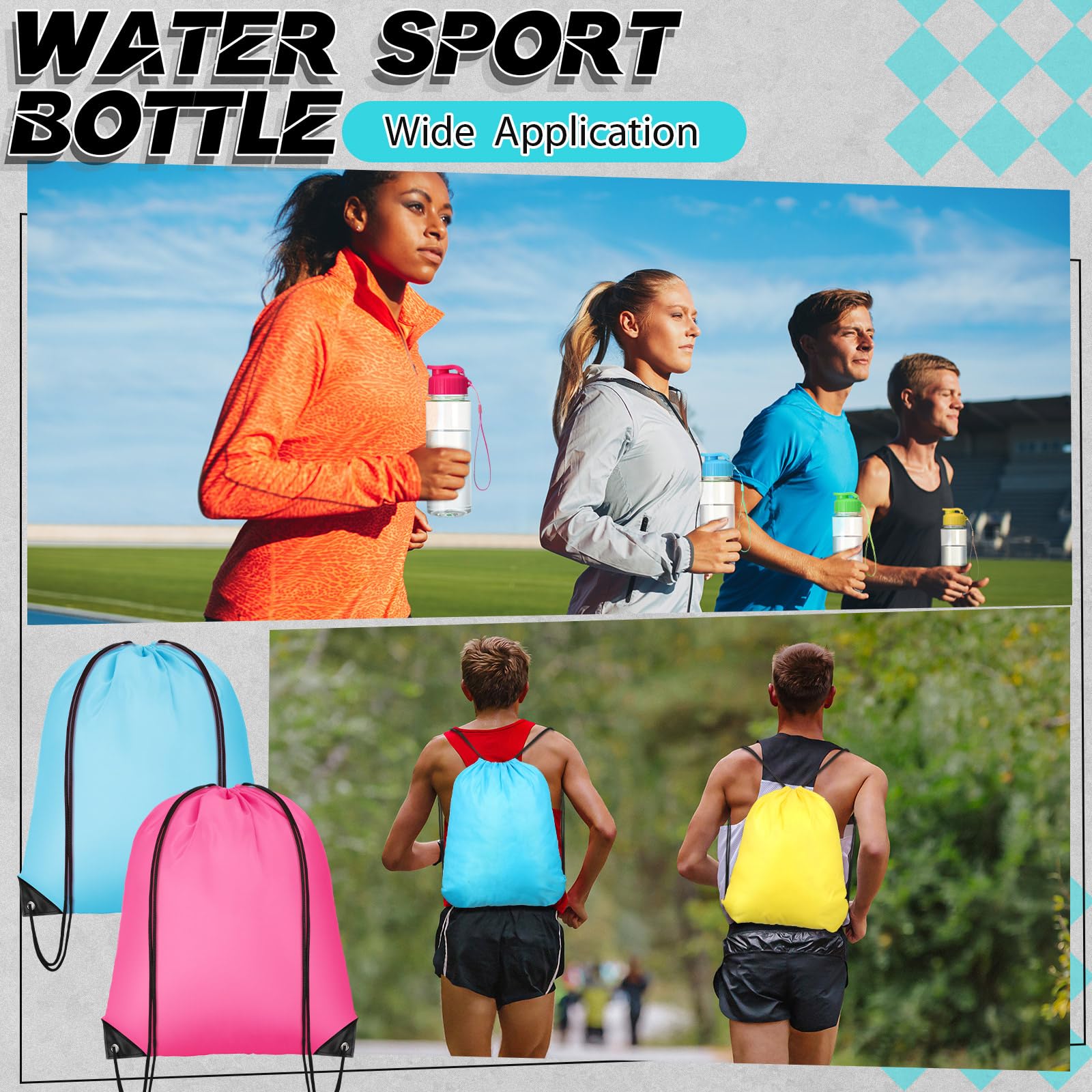 40 Pack 17 oz Reusable Plastic Water Bottles with Flip Top & Leakproof Design - Includes Drawstring Backpack for Gym, Sports, Travel, Hiking, Camping & Outdoor Activities - BPA Free Water Bottles for Adults & Kids (Stylish)