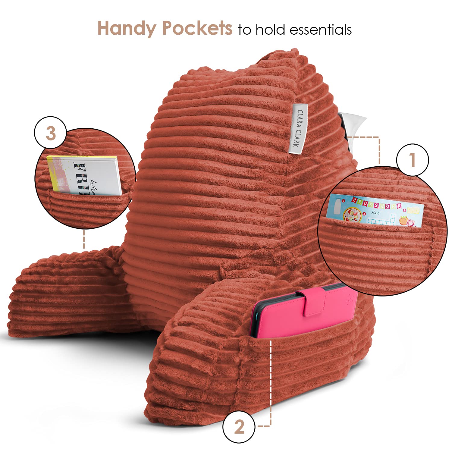 Clara Clark Reading Pillow for Adults - Plush Back Support Pillow with Arms & Pockets for Sitting Up in Bed, Sofa or Floor - Shredded Foam Bed Rest Pillow Perfect for Reading, Watching TV & Relaxing