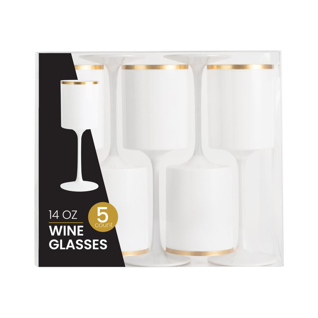 14 Oz White and Gold Plastic Stemmed Wine Goblets - Set of 5 Shatterproof Cups for Wedding, Party, and Outdoor Events