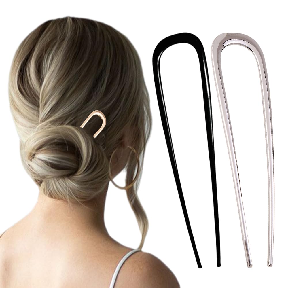 2024 French Twist Hair Pins for Women - U-Shaped Metal Vintage Hair Sticks (Silver & Black) | Elegant Updo Hairstyles & Wedding Accessories