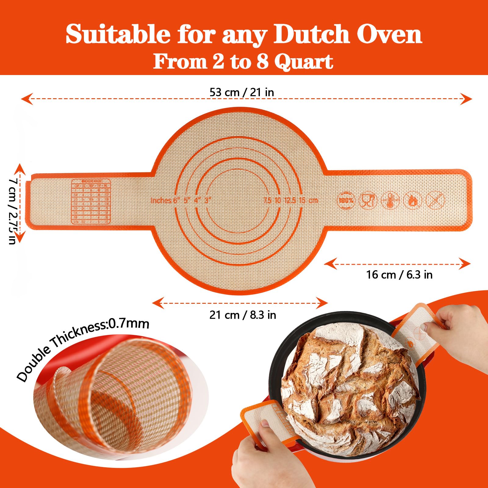 UBeesize Thickened Silicone Bread Sling - Reusable Non-Stick Sourdough Baking Mat for Dutch Oven (2-8 Quart) with Extra Long Handles | Easy Clean Bread Sheet Liner for Homemade Artisan Loaves & Dutch Oven Baking