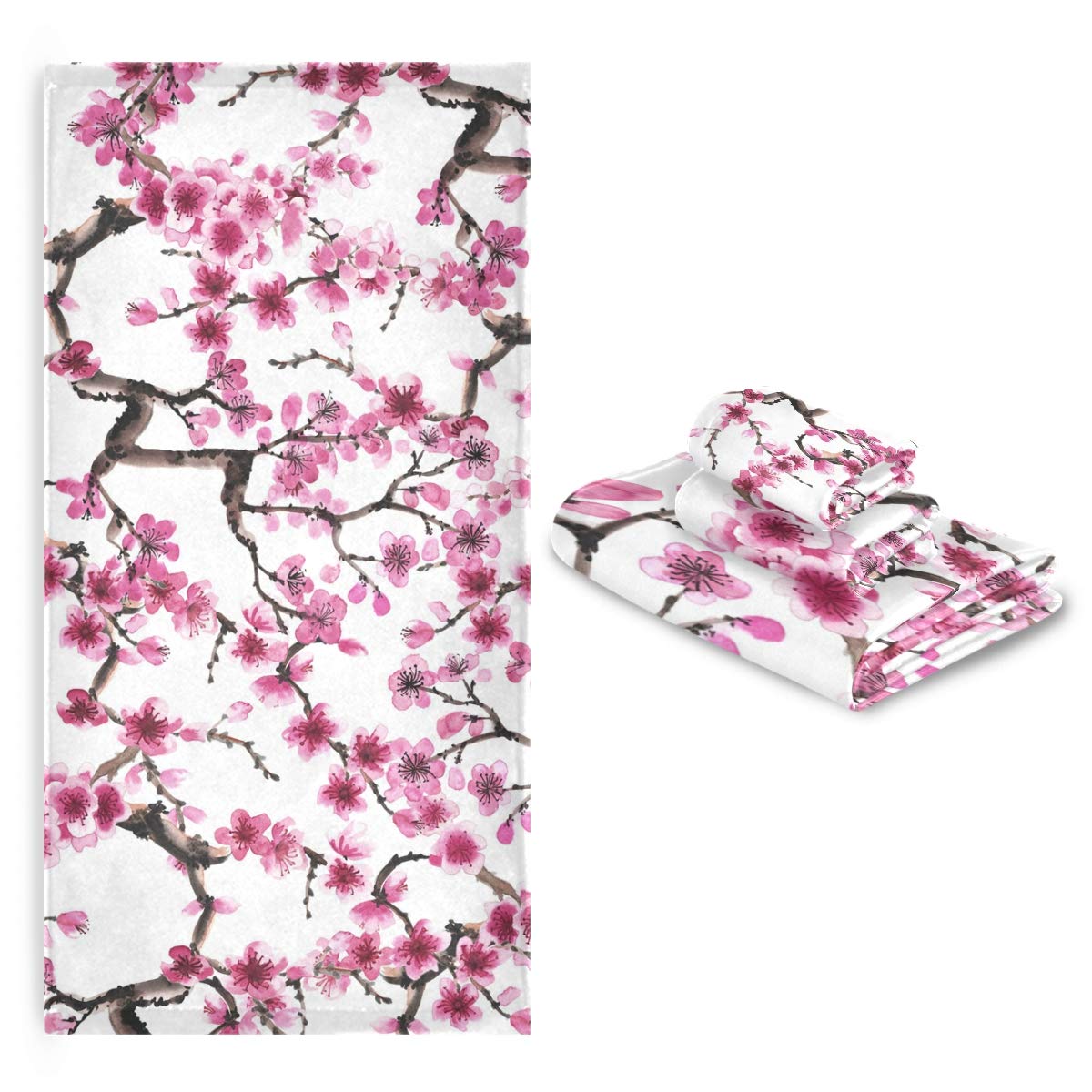 CaTaKu 3-Piece Japanese Cherry Blossom Bath Towel Set - Soft Absorbent Bath, Hand & Washcloth Towels for Home, Hotel, Gym, Spa - Perfect for Bathrooms, Kitchens & Swimming Pools