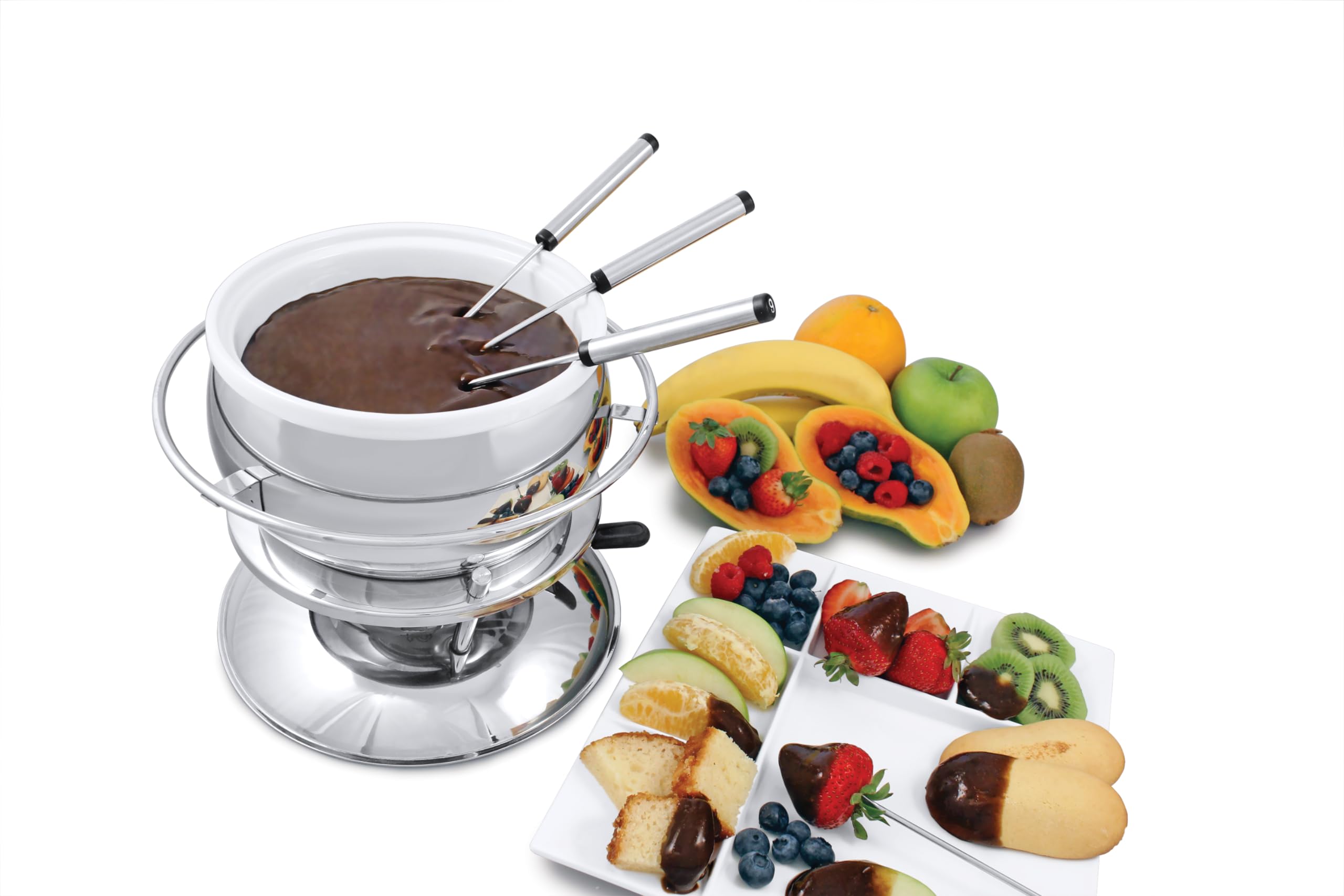 Swissmar Zuri 11-Piece Stainless Steel 3-in-1 Fondue Set for Cheese, Chocolate & Butter - 2.25 Qt (2.2L) Professional Melting Pot - Perfect for Dinner Parties, Romantic Dates & Holiday Gifts - Elegant Wedding & Housewarming Present for Kitchen Lovers