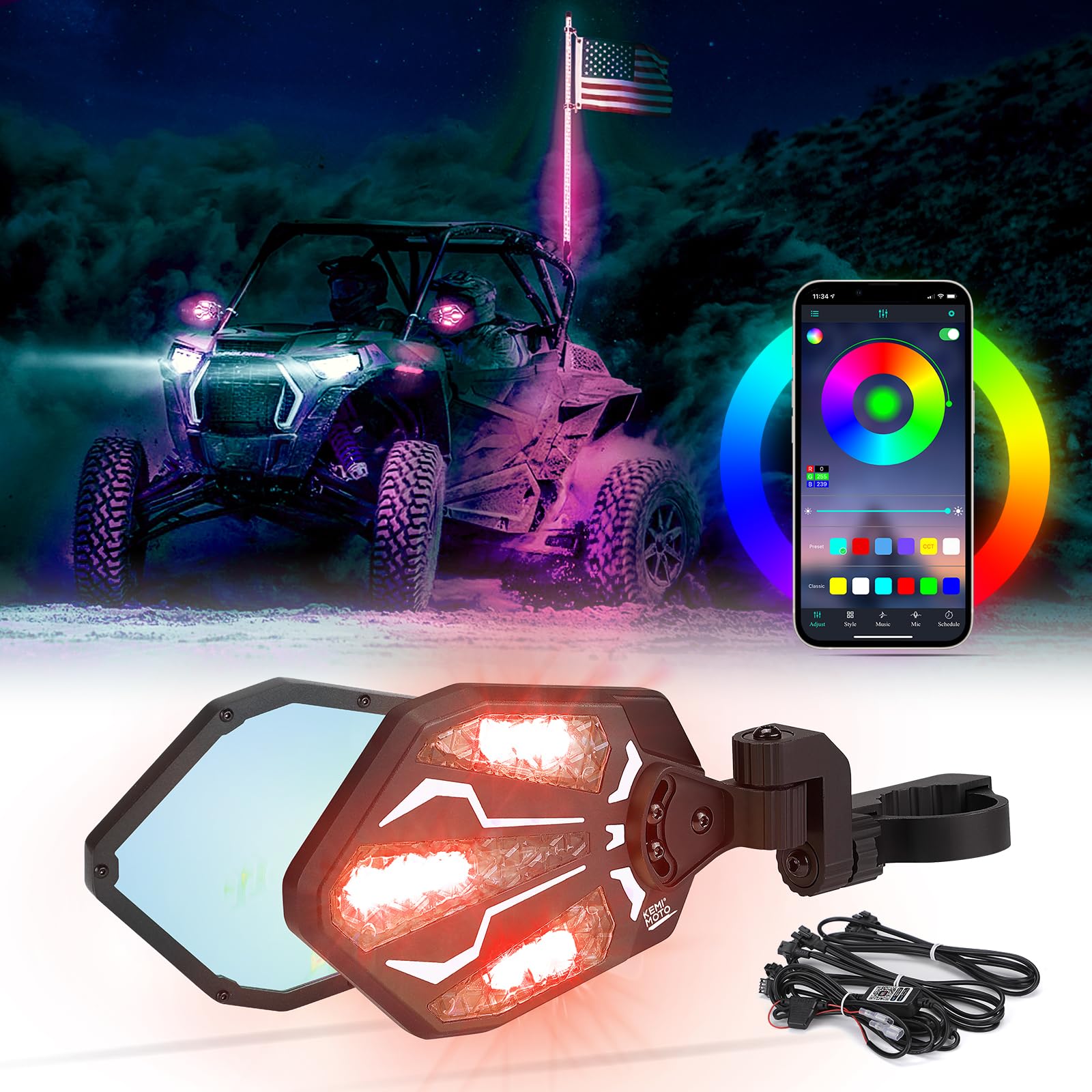 KEMIMOTO UTV RGB Aluminum Lighted Side Mirrors - 29 Color Modes, 1.6