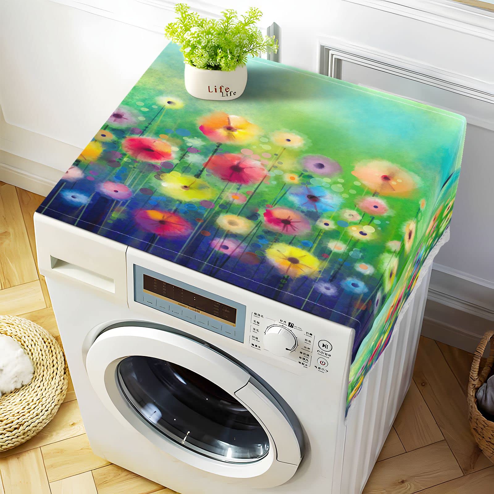 51''x22'' Abstract Floral Washing Machine Cover - Non-Slip Washer Dryer Top Mat, Waterproof & Dustproof for Front Load Appliances, Includes 4 Storage Bags | Perfect for Laundry Room, Kitchen & Home Decor