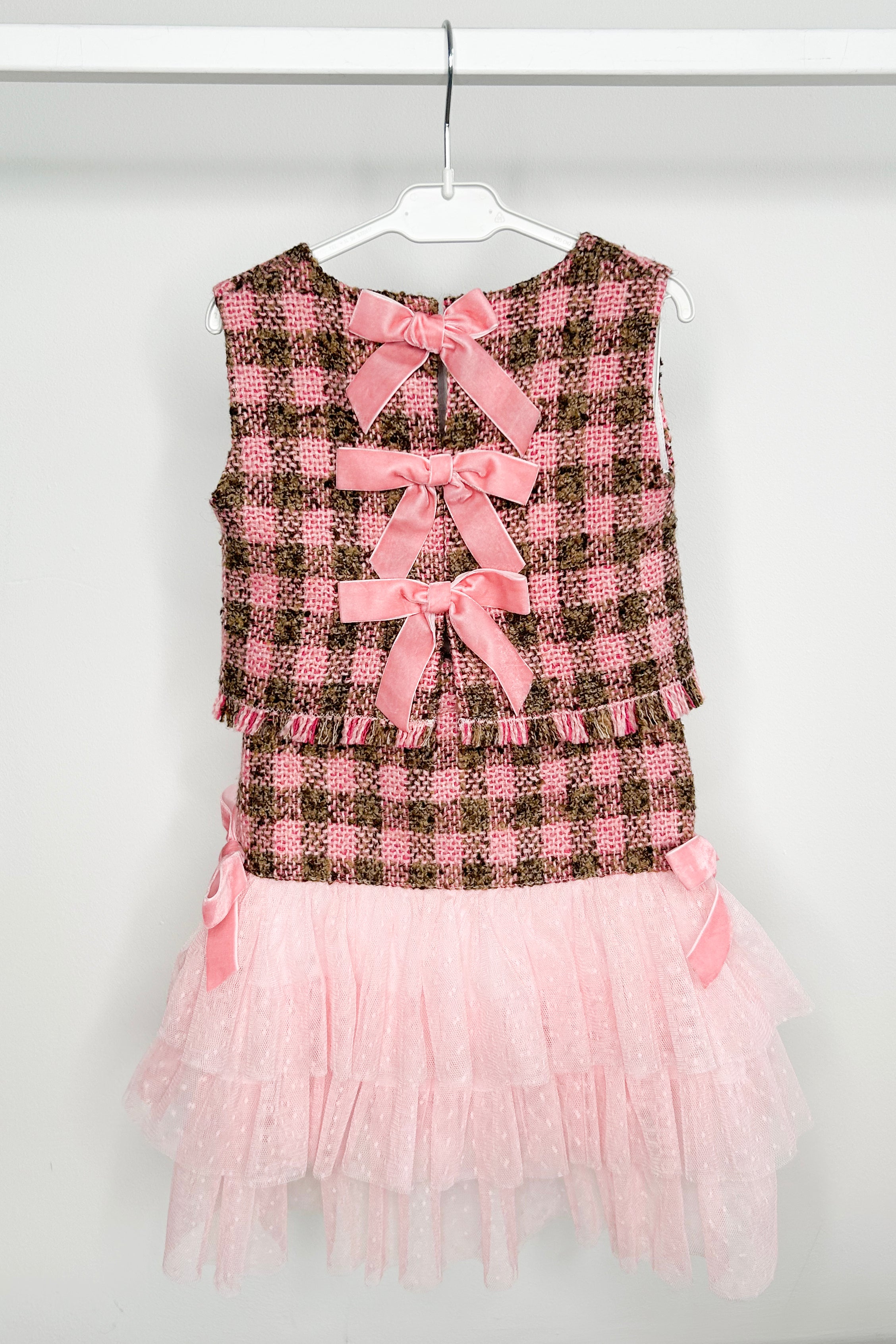 Allegra Women's Pink & Beige Tweed Blouse with Tulle Skirt Set - Elegant Office Wear & Party Outfit