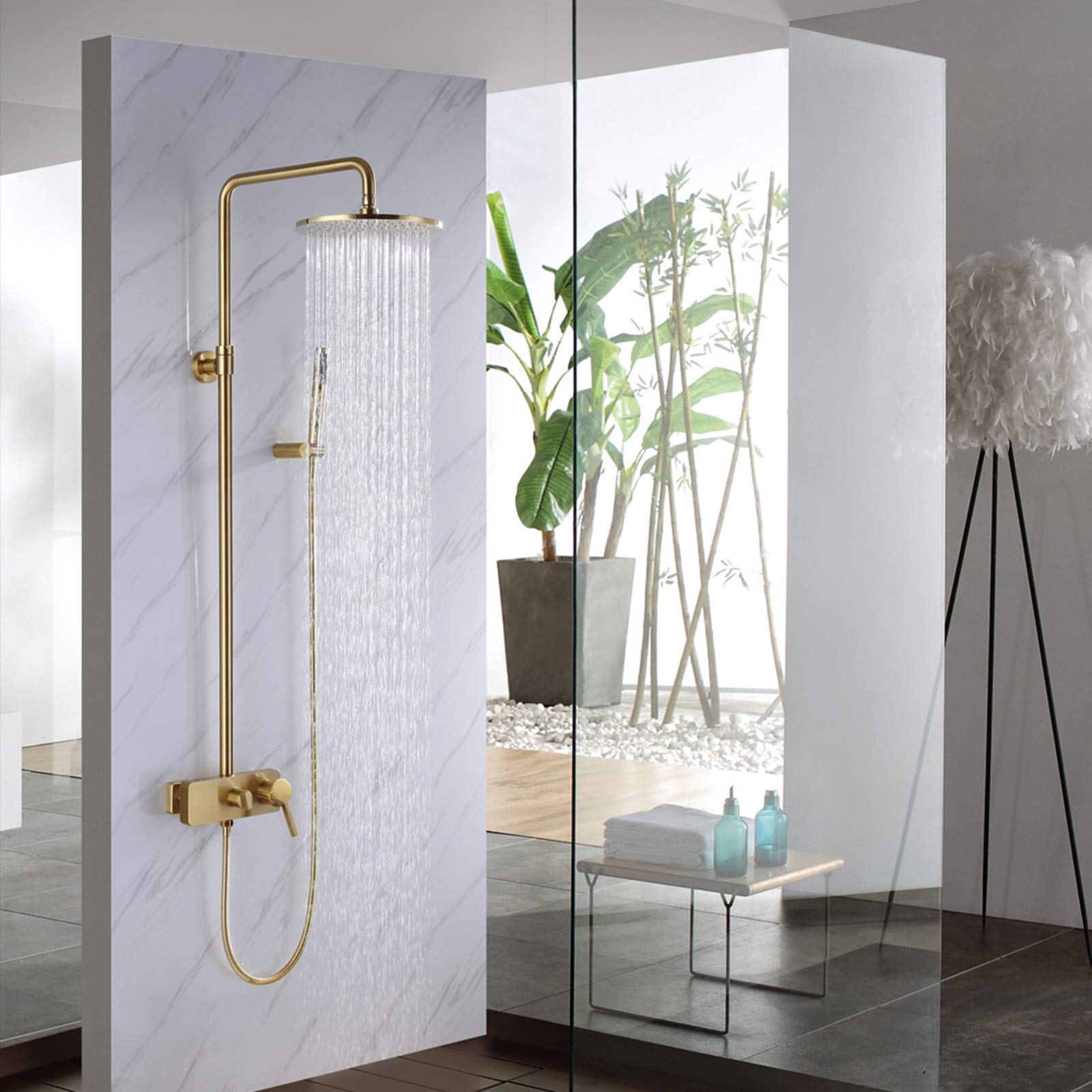 LUNEZY 10 Inch Brushed Gold Wall Mounted Shower Faucet Set - Rainfall Shower Head, Handheld Shower & Bathtub Faucet - Luxury Bathroom Fixtures for Modern & Spa-Like Showers