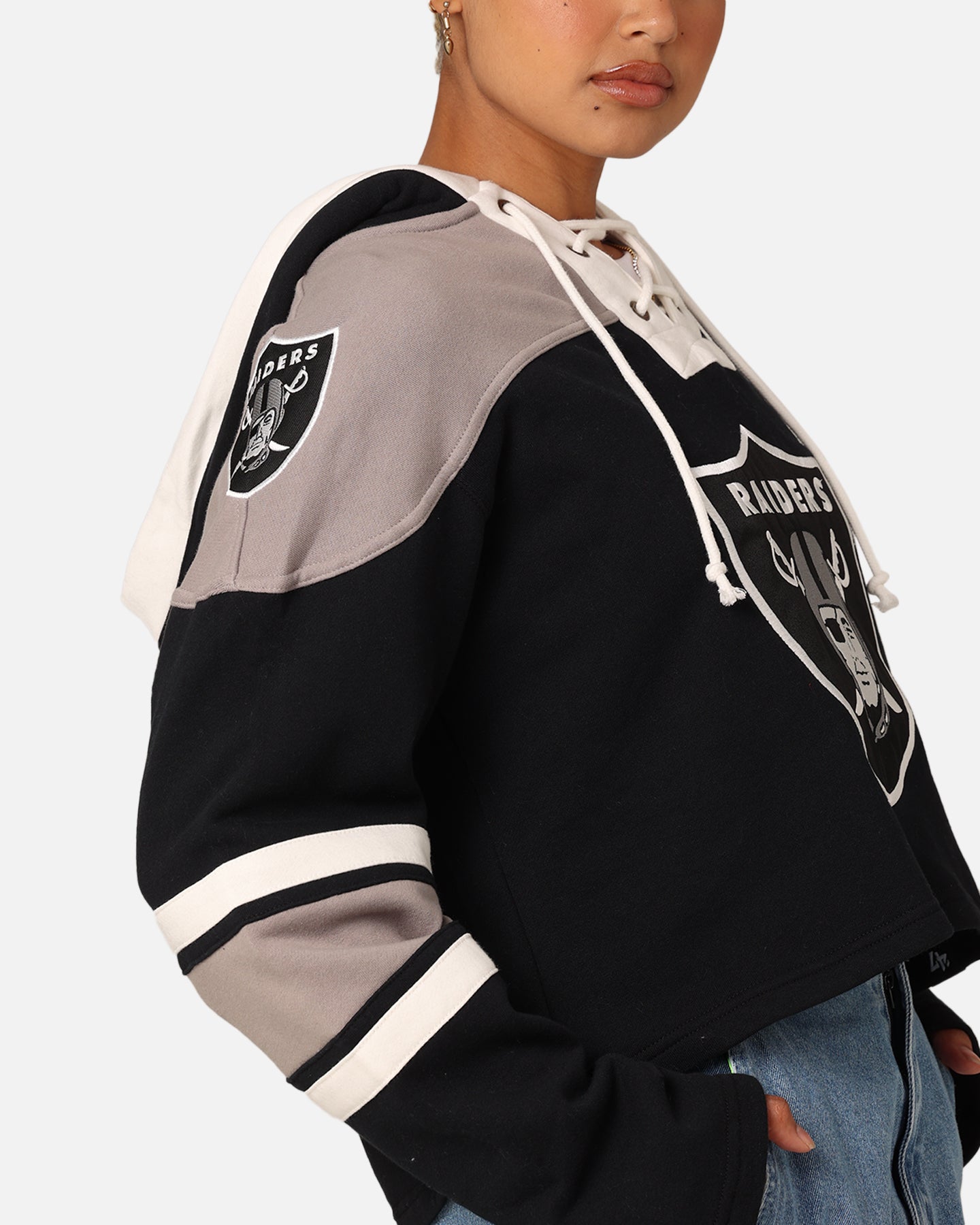 47 Brand Women's Las Vegas Raiders Cropped Lace-Up Hoodie - Jet Black NFL Fan Gear for Game Day & Casual Wear