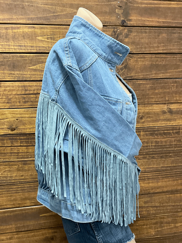 Fate FJ4302 Women's Light Medium Wash Fringe Denim Jacket - Stylish Outerwear for Casual Outings & Boho Fashion