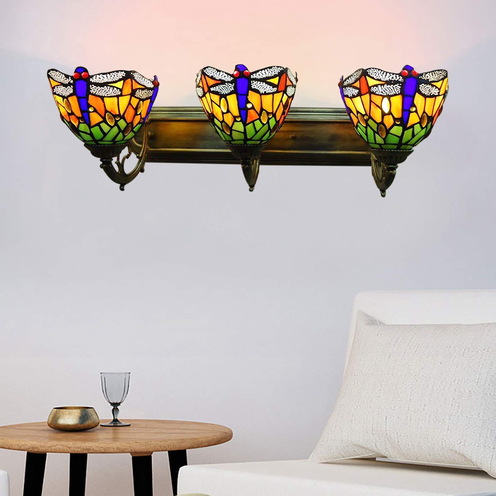 TFCFL 3-Light Bronze Wall Sconce with Handcrafted Stained Glass Dragonfly Shades - Elegant Vanity Lighting for Bathroom, Bedroom, and Hallway Décor