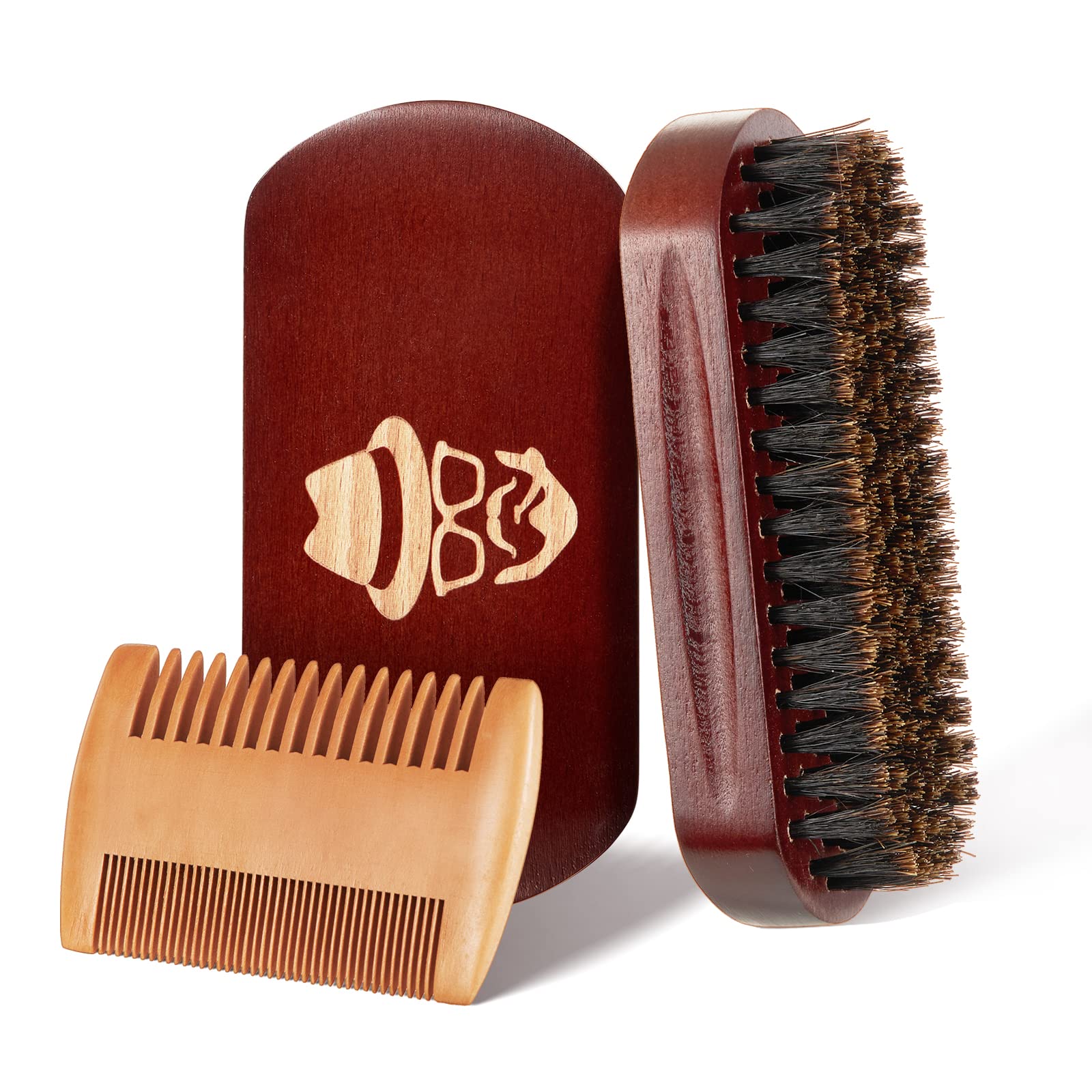 100% Boar Bristle Beard Brush & Comb Set - Natural Black Walnut Wood Mustache & Facial Hair Grooming Kit for Men - Perfect for Daily Styling, Trimming & Shaving Routine