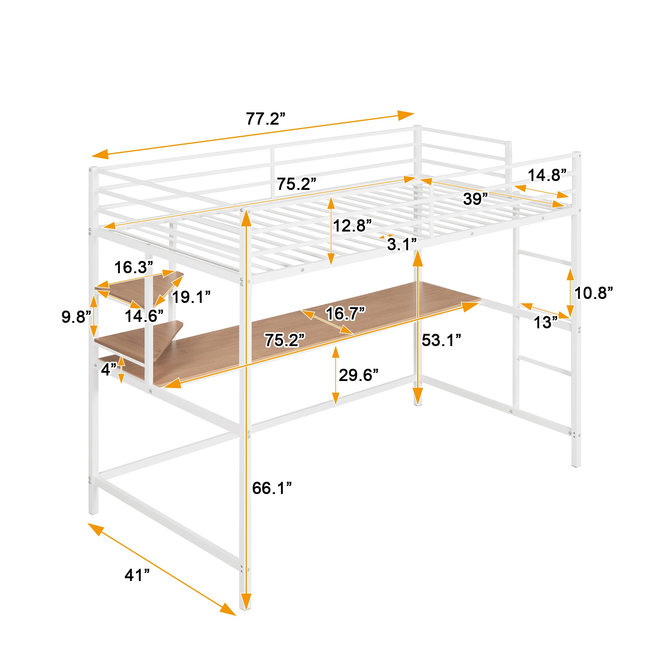 Twin Size Loft Bed with Desk & Storage - Heavy Duty Metal Frame for Kids - Safety Guardrail & Space Saving Design - Perfect for Small Bedrooms, Dorms & Studio Apartments (White)