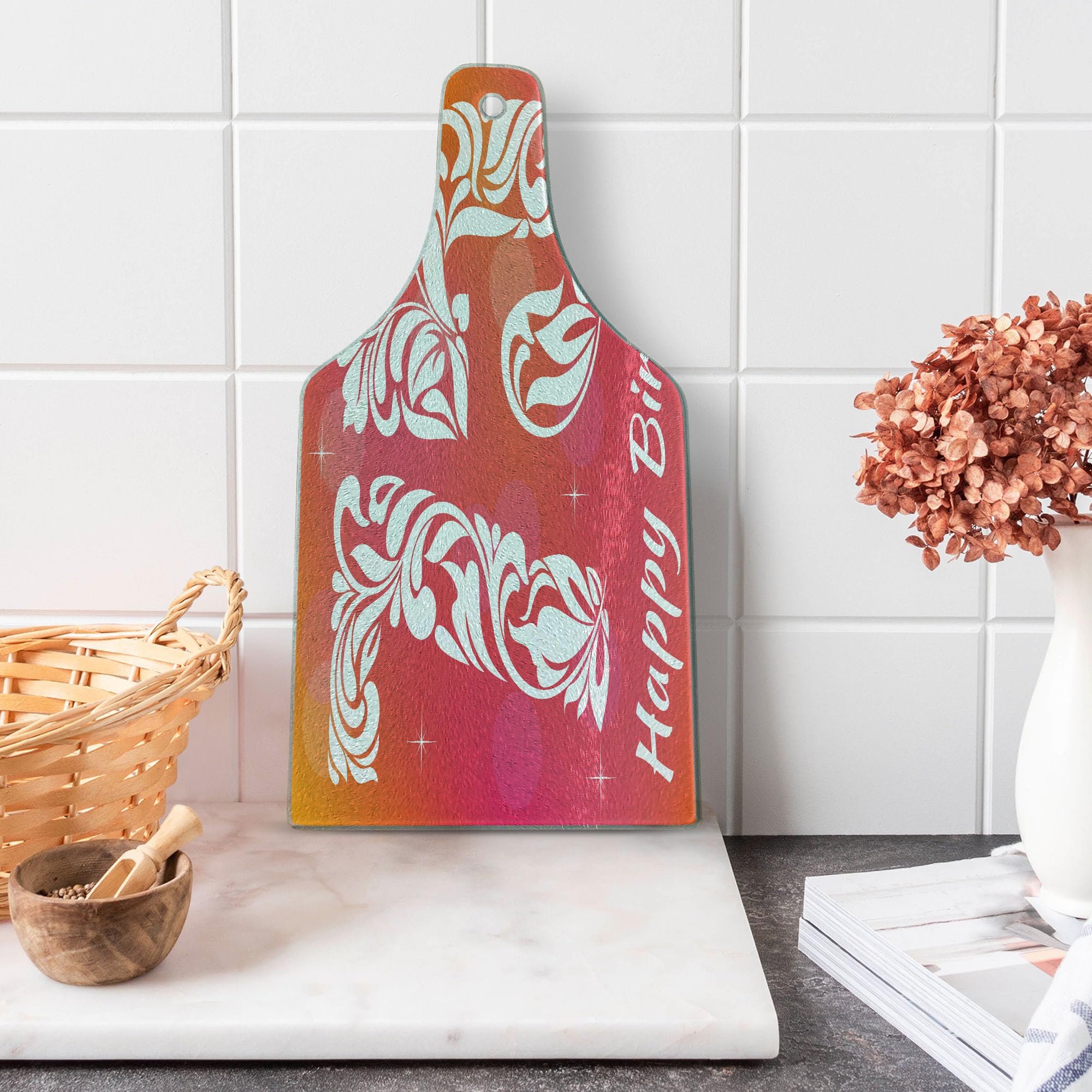 Ambesonne 75th Birthday Cutting Board - Tempered Glass Serving Board with Floral Swirls & Stars Design - Wine Bottle Shape in Pink, Orange & White - Perfect for Anniversary Gifts, Party Decor & Kitchen Use