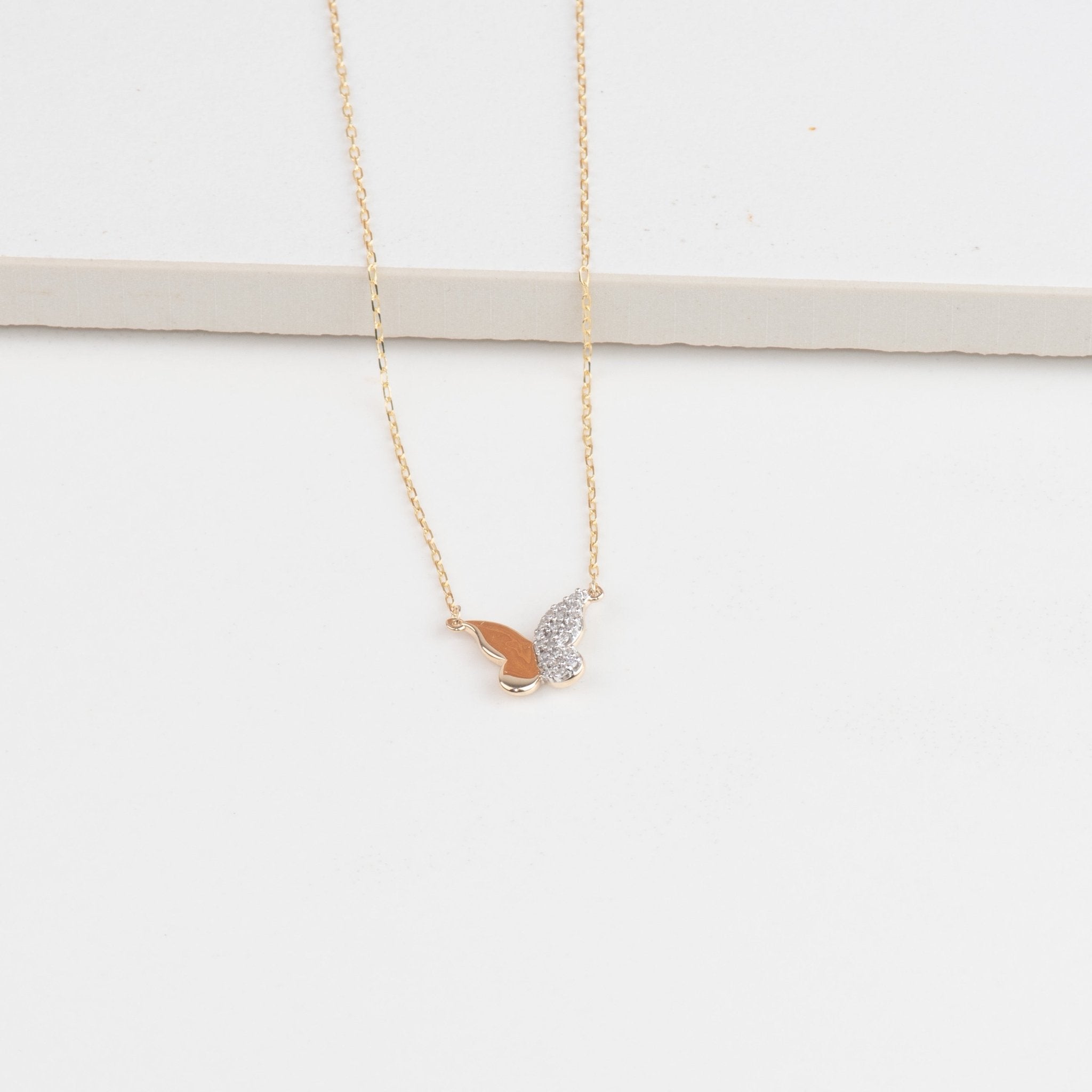 10k Yellow Gold Half Diamond Pave Butterfly Pendant Necklace - Elegant Jewelry Gift for Women, Perfect for Valentine's Day, Anniversary & Special Occasions
