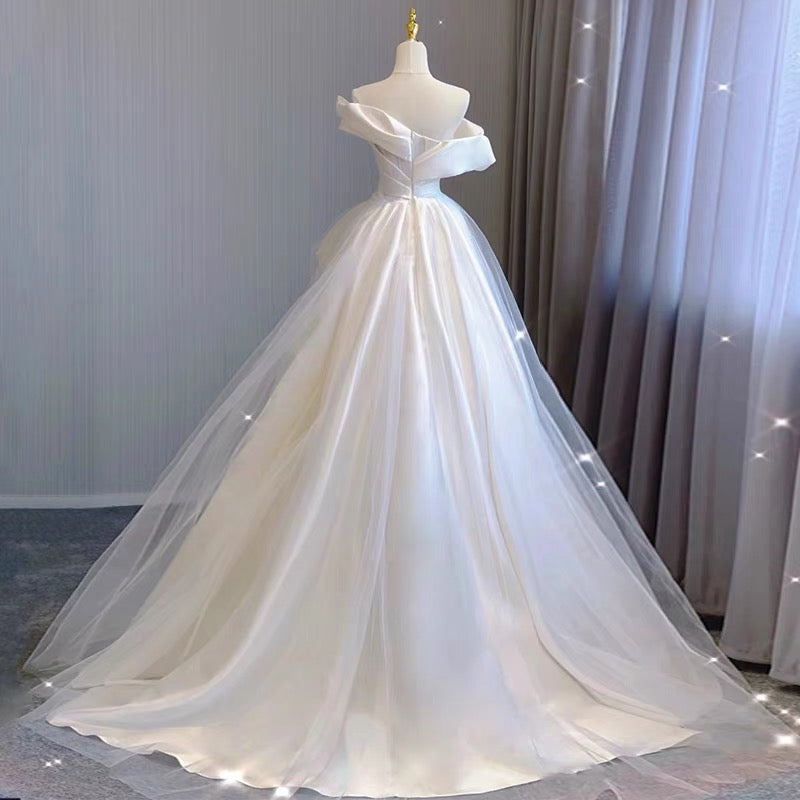 Elegant Off-The-Shoulder A-Line White Satin Wedding Dress J3225 - Perfect for Bridal, Formal Events & Romantic Photoshoots