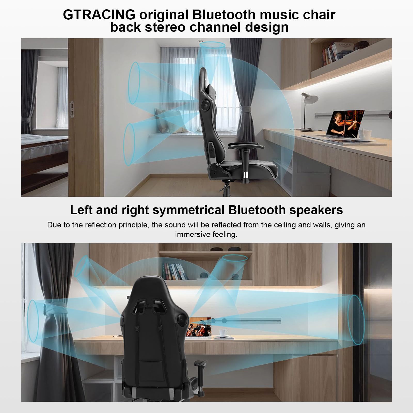 GTRACING Ergonomic Gaming Chair with Bluetooth Speakers - Heavy Duty Office Computer Desk Chair for Video Games & Music (Grey) - Perfect for Esports, Streaming & Home Office Setup