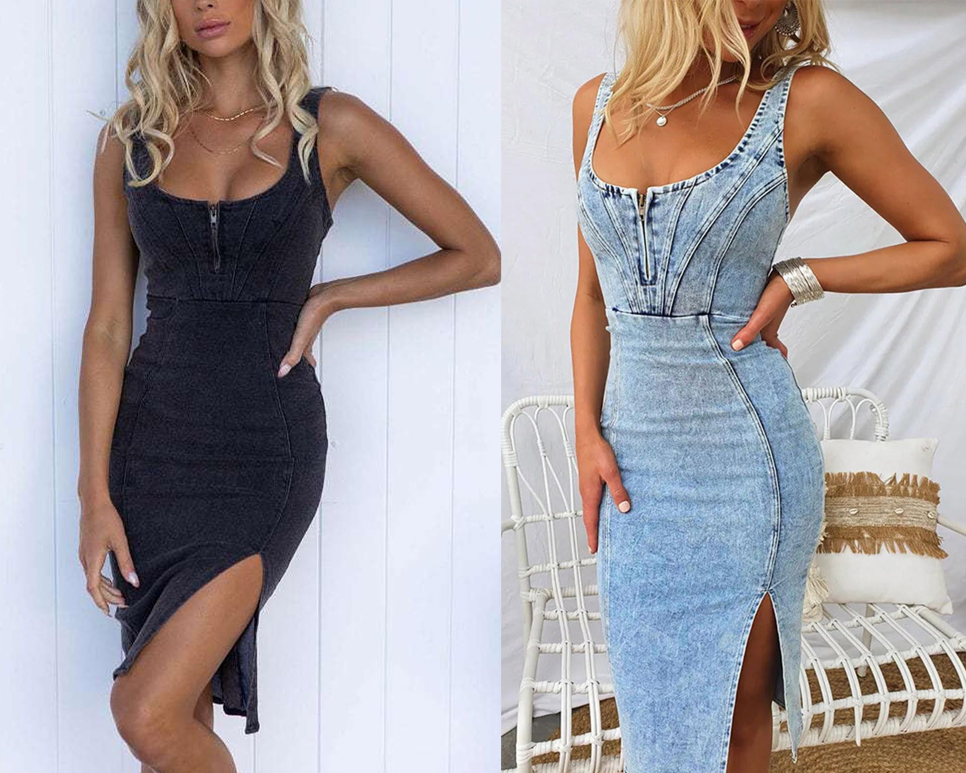 UTCoco Women's Sleeveless Denim Bodycon Midi Dress with Side Slit - Stretchy Jean Dress for Casual Outings, Date Nights & Summer Fashion 2025
