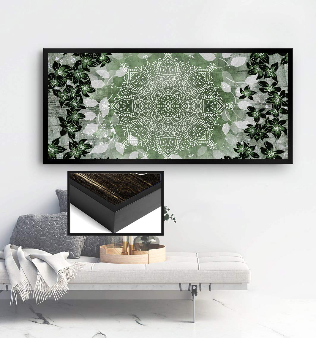 Boho Floral Mandala Wall Art - Large Canvas Wall Decor for Bedroom, Living Room | Modern Bohemian Floral Pattern Poster with Floating Frame (Green & Black, 42x19 Inches) | Perfect for Home, Office & Meditation Space Decor