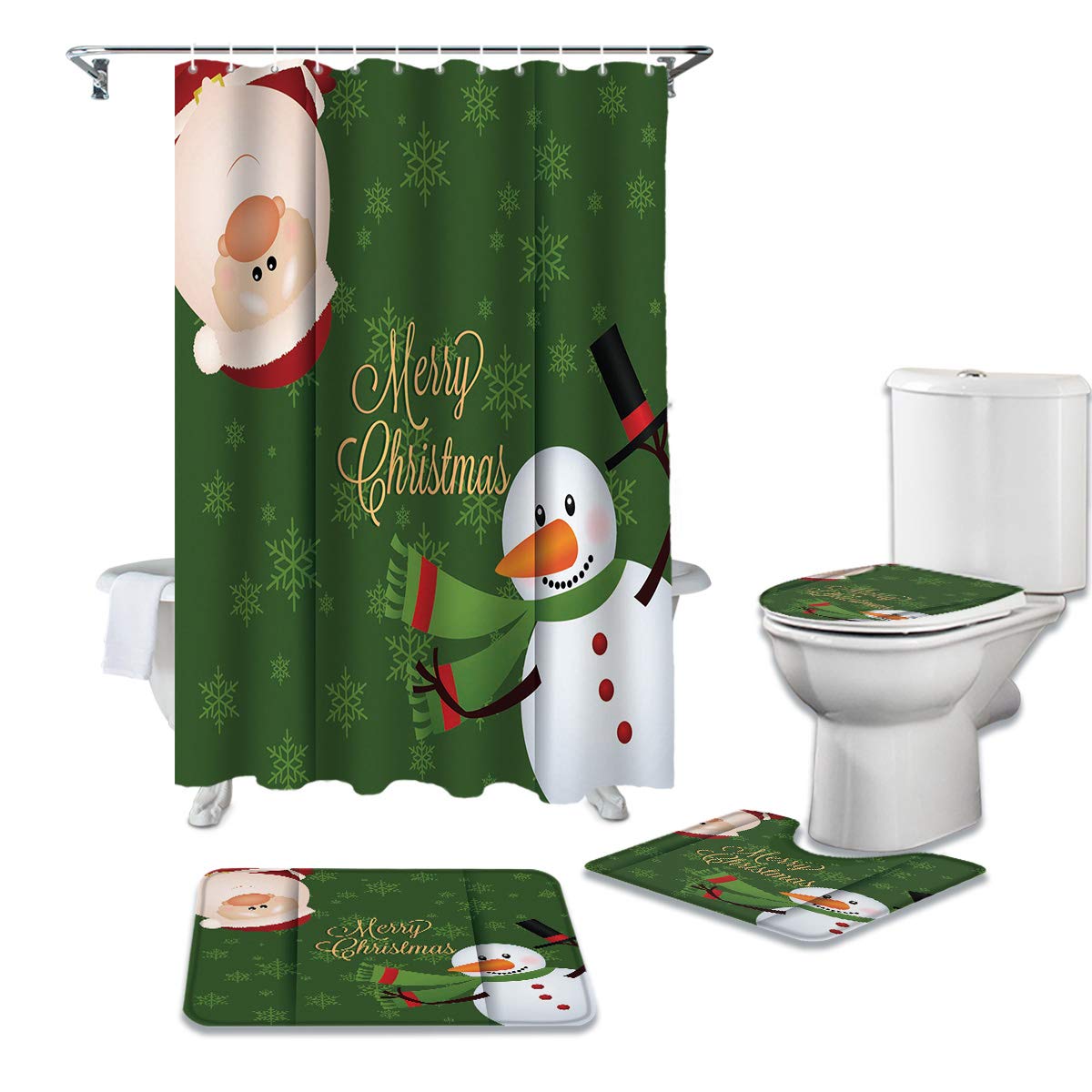 CHARMHOME 4-Piece Waterproof Shower Curtain Set with Non-Slip Bath Rug, Toilet Lid Cover, Bath Mat & 12 Hooks - Festive Christmas Santa Claus Snowman Design for Bathroom Decor - Perfect for Holiday Home Decor & Gift Giving