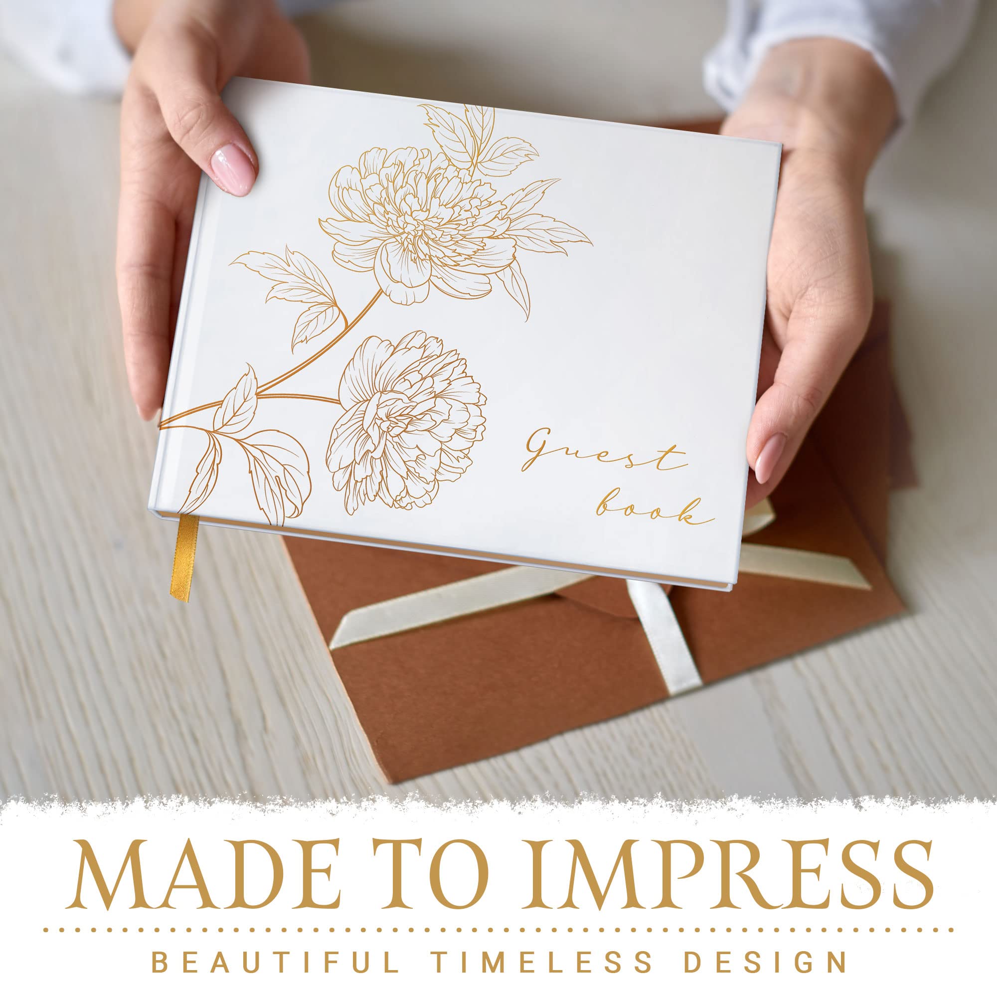 Elegant Gold Stamped Floral Wedding Guest Book with Pen - Perfect for Wedding Reception, Bridal Shower & Anniversary Celebrations