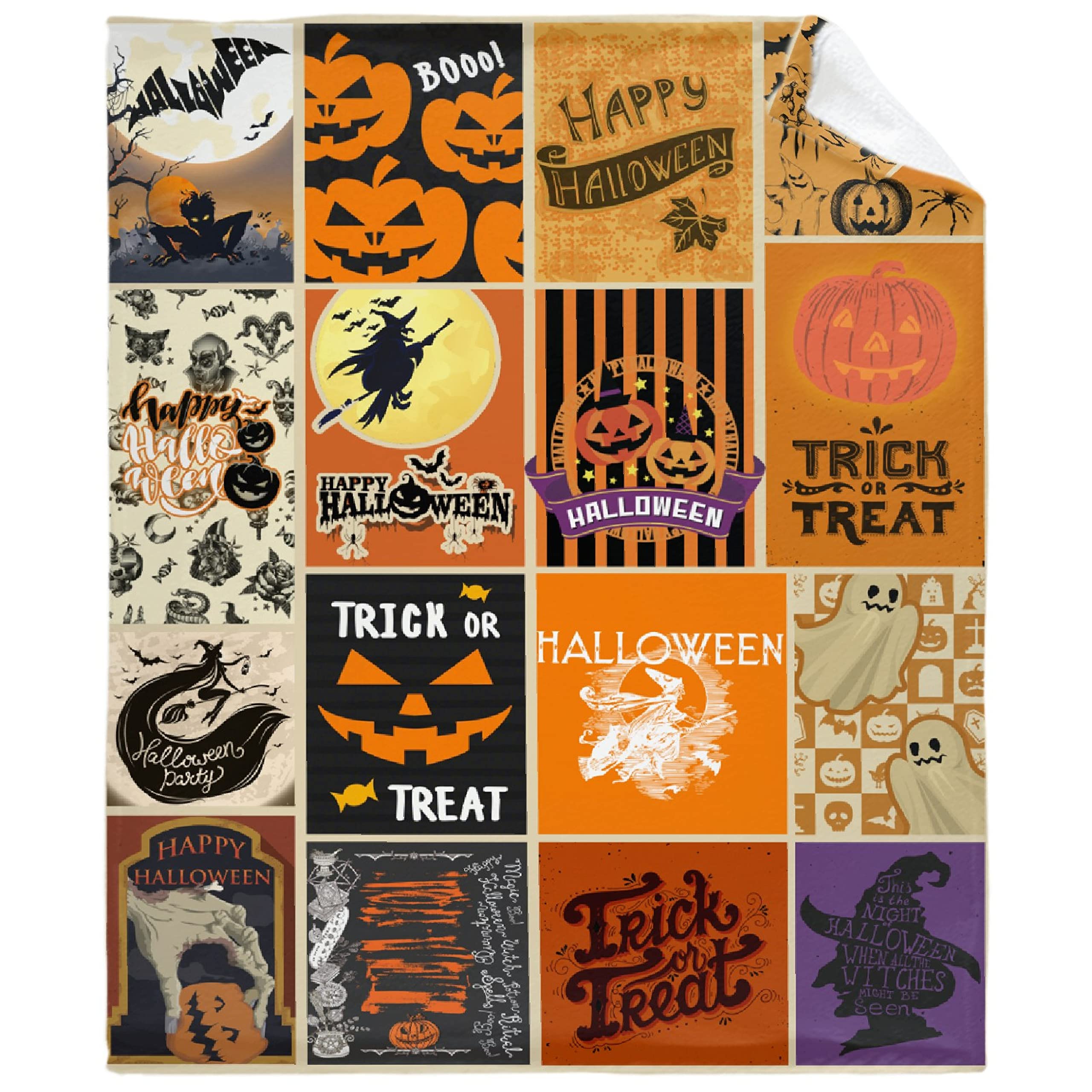 MATCHASTAR Retro Halloween Ghost Witch Party Flannel Throw Blanket - Super Soft Orange Fleece Blanket for Bed, Sofa & Couch (120