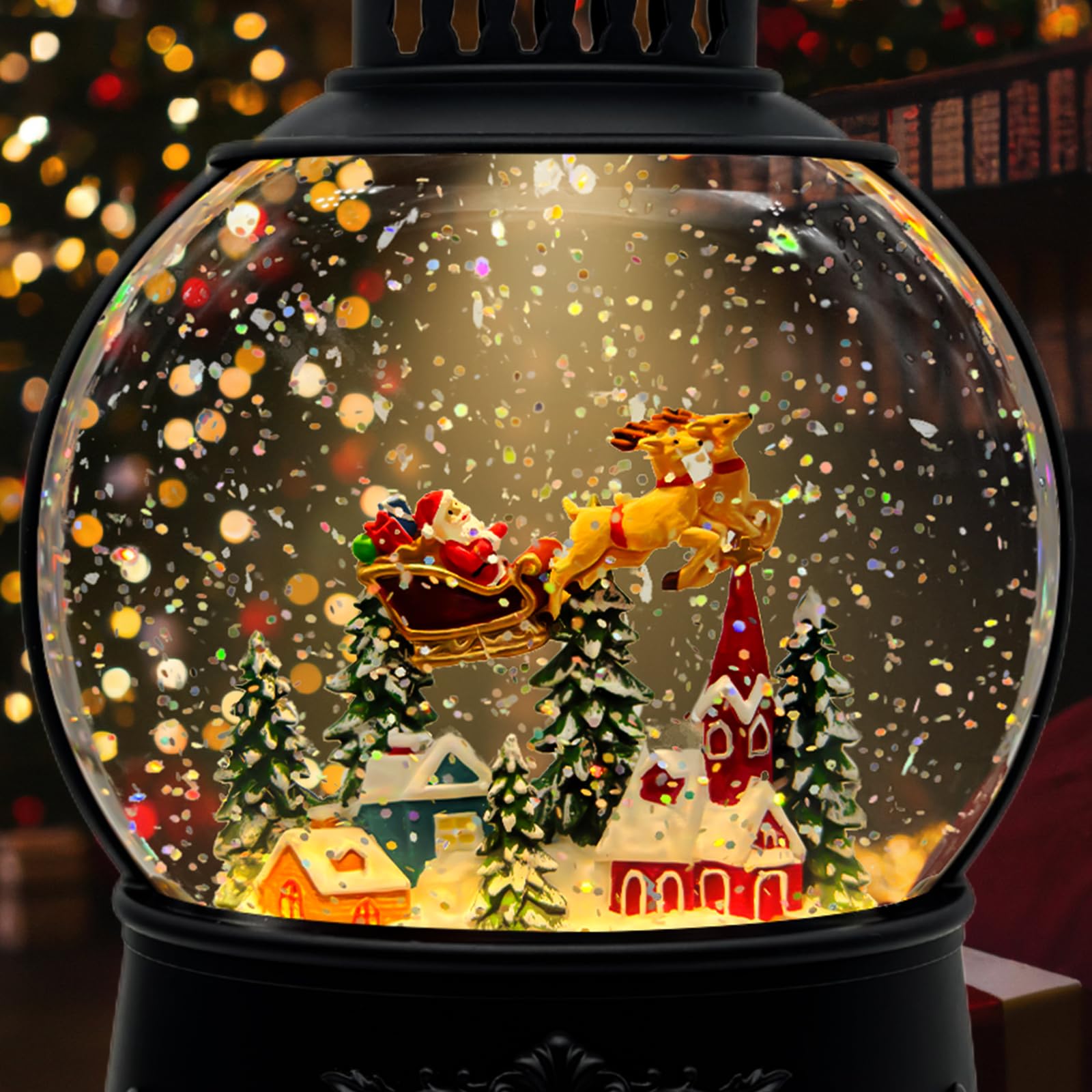 Christmas Snow Globe Lantern with Music & Timer - USB/Battery Powered LED Glittering Globe Decor for Home, Office, Holiday Party | Perfect for Christmas Tree, Mantel, Tabletop & Gift Giving (Reindeer Design)
