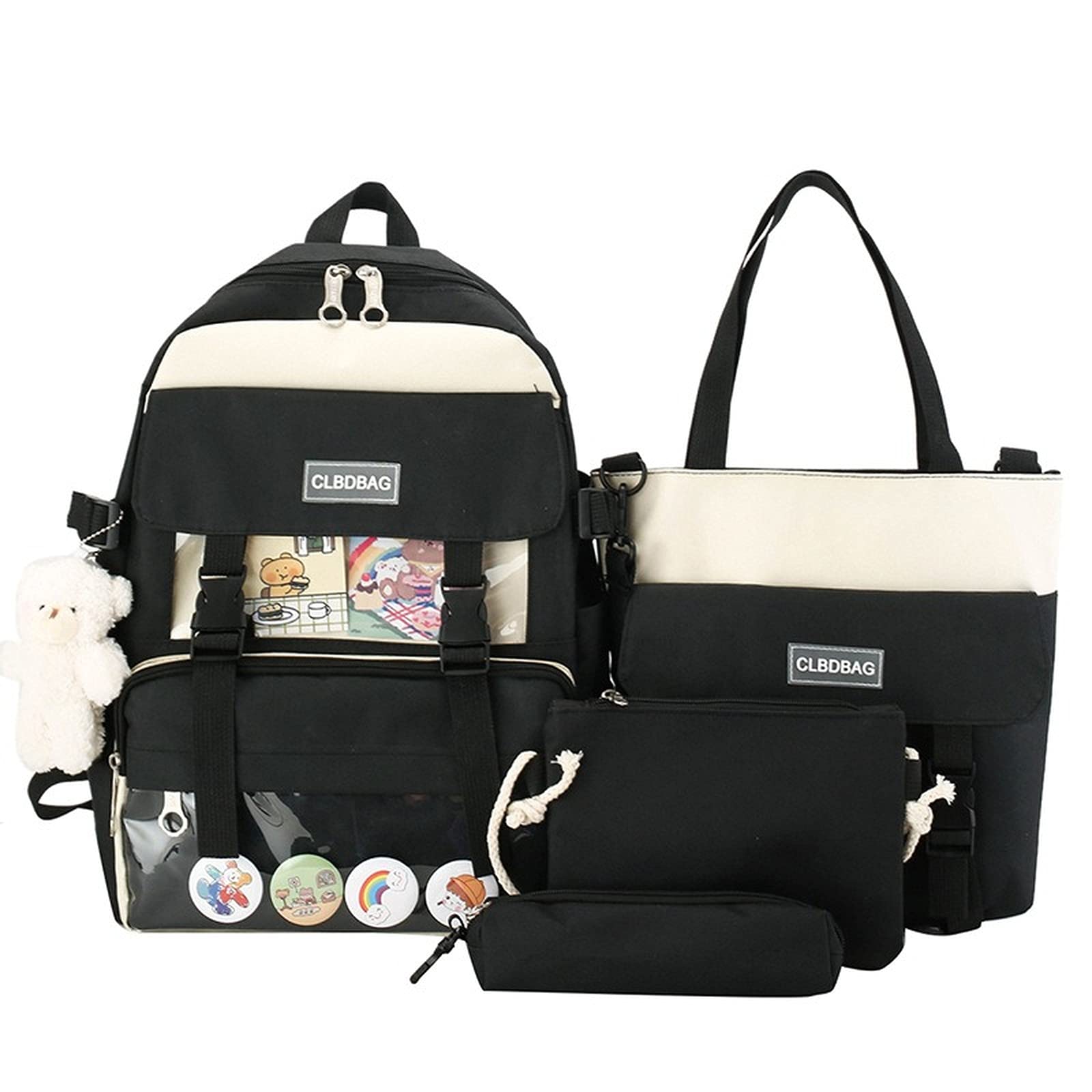 4Pcs Cute Kawaii Bear Canvas Backpack Set for School, Laptop & Travel - Durable Shoulder Tote Bags with Pendant Handle for Students & Teens - Perfect for Classroom, College, Day Trips & Daily Use