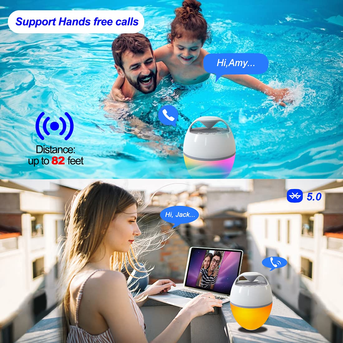 Blufree Floating Pool Speaker with LED Lights - IP68 Waterproof Bluetooth Speaker for Hot Tub, Outdoor Swimming, Beach, Pool Party | Portable, Loud Volume, Rich Bass, Built-in Mic, 82ft Wireless Range - Perfect for Summer BBQs, Backyard Gatherings & Water Activities