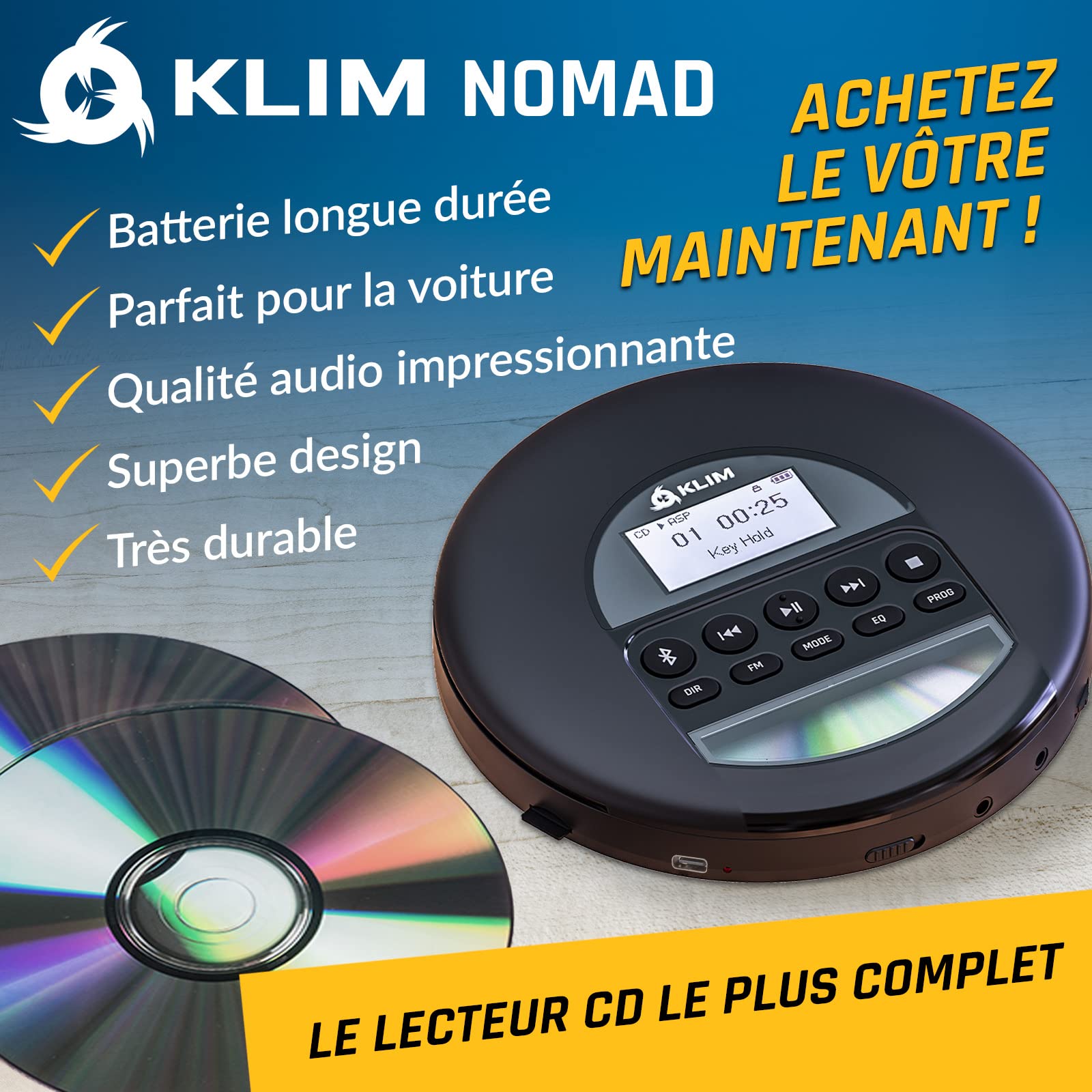 KLIM Nomad Portable CD Player with Built-in Long-Lasting Battery - Bluetooth CD Walkman for Car, Home & Outdoor Use - Compatible with CD-R, CD-RW & MP3 - Includes Headphones (Black, 2024 New Model) | Perfect for Commuting, Travel, Home Entertainment & Outdoor Activities