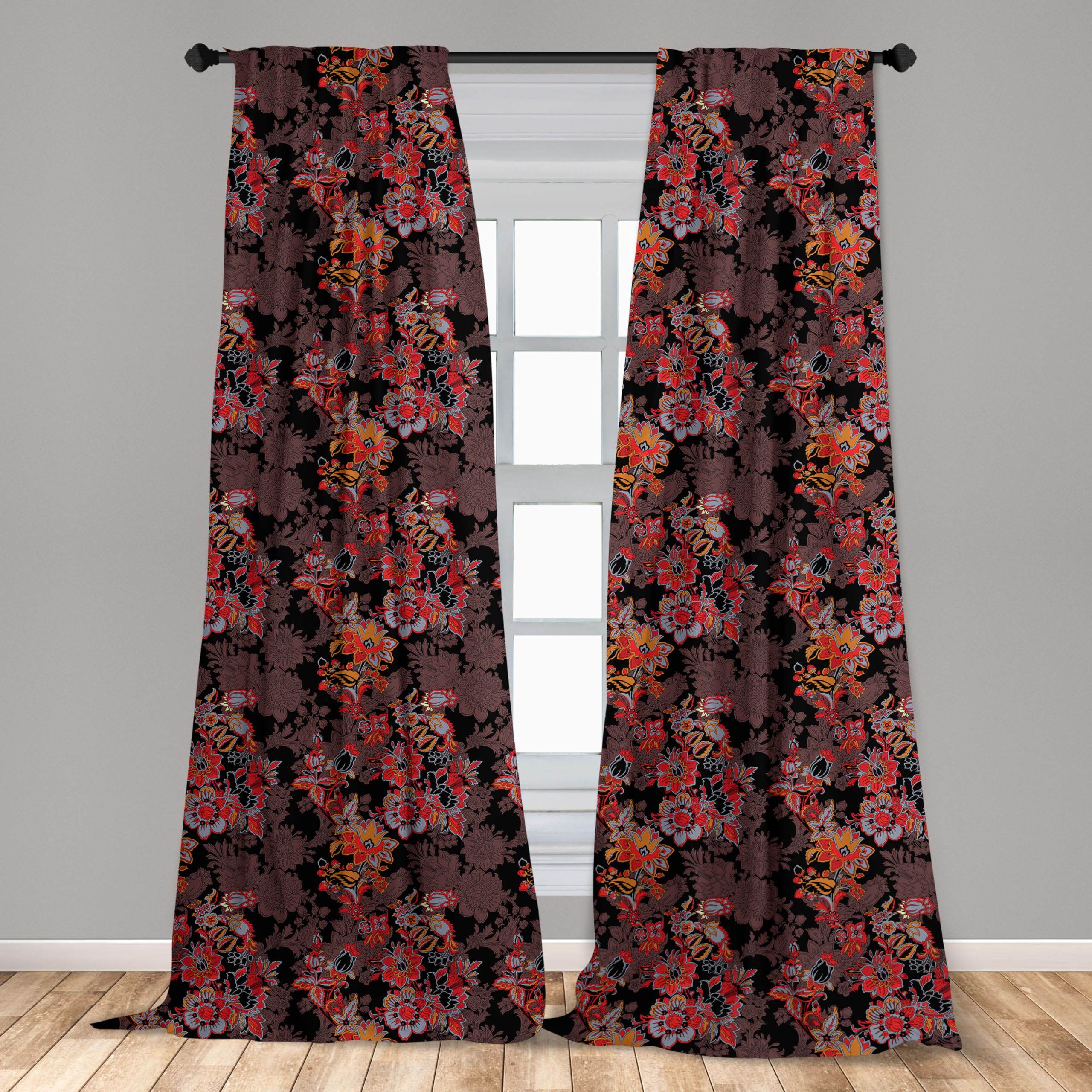 Ambesonne Japanese Art Floral Window Curtains - Asian Flowers Boho Print Lightweight Black Orange Mustard 2-Panel Set with Rod Pocket (28