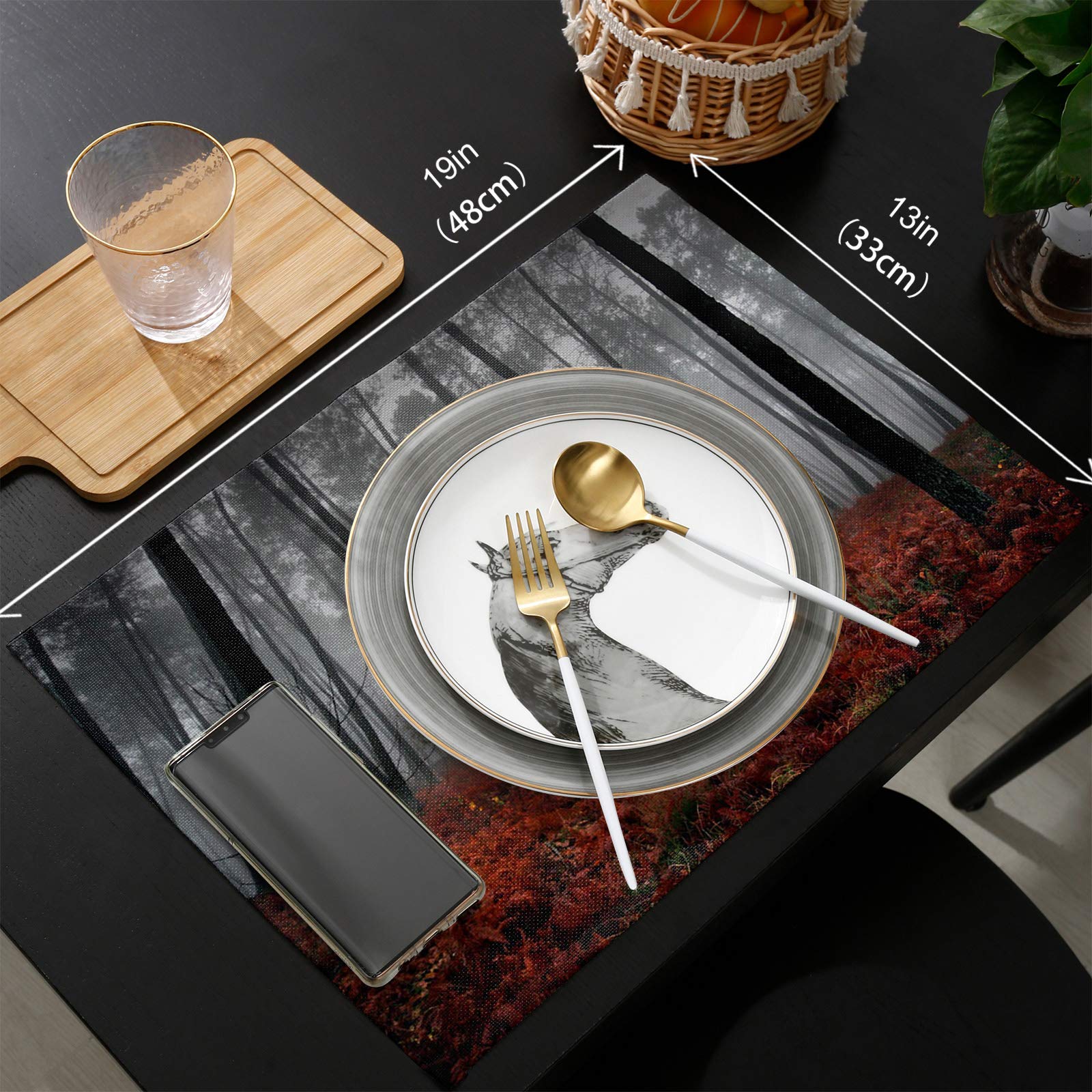 Spooky Red Maple Forest Placemats Set of 4 - Washable Modern Table Mats for Dining, Gray & Misty Scenery Design - Perfect for Home, Party, Wedding & Holiday Decor - Indoor & Outdoor Use
