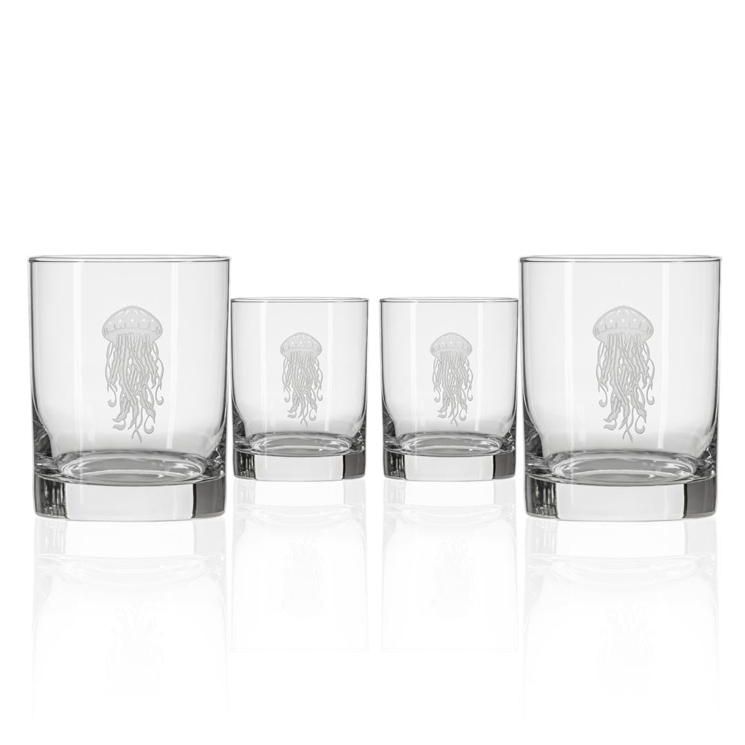 Premium 13oz Double Old Fashioned Whiskey Glasses Set of 4 - Thick Base Crystal Clear Jellyfish Design - Perfect for Bourbon, Scotch, Cocktails & Home Bar Entertaining