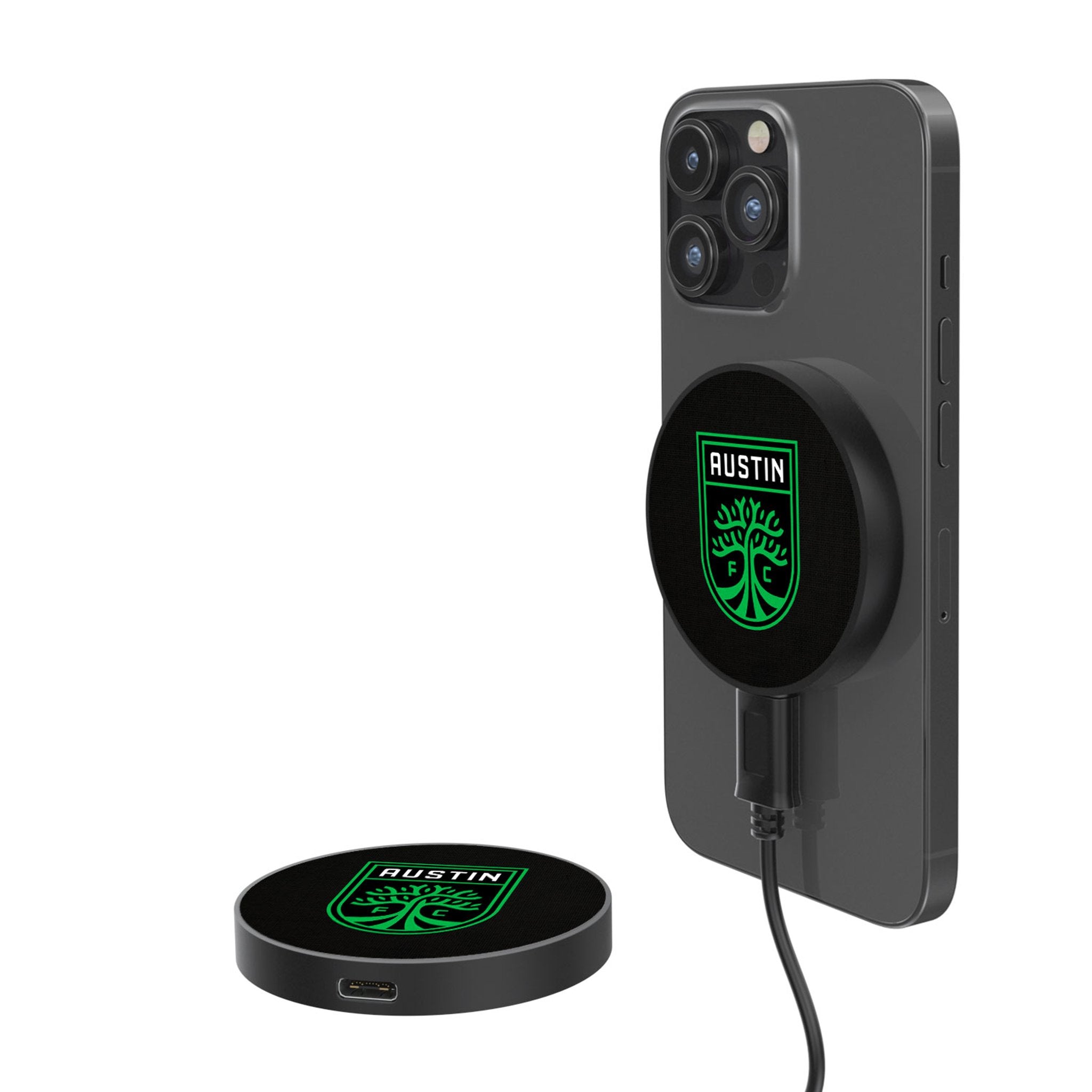 Austin FC 15W Magnetic Wireless Charger - Fast Qi Charging Pad for iPhone 14/13/12, Samsung Galaxy S23/S22 - Perfect for Home, Office & Car Use