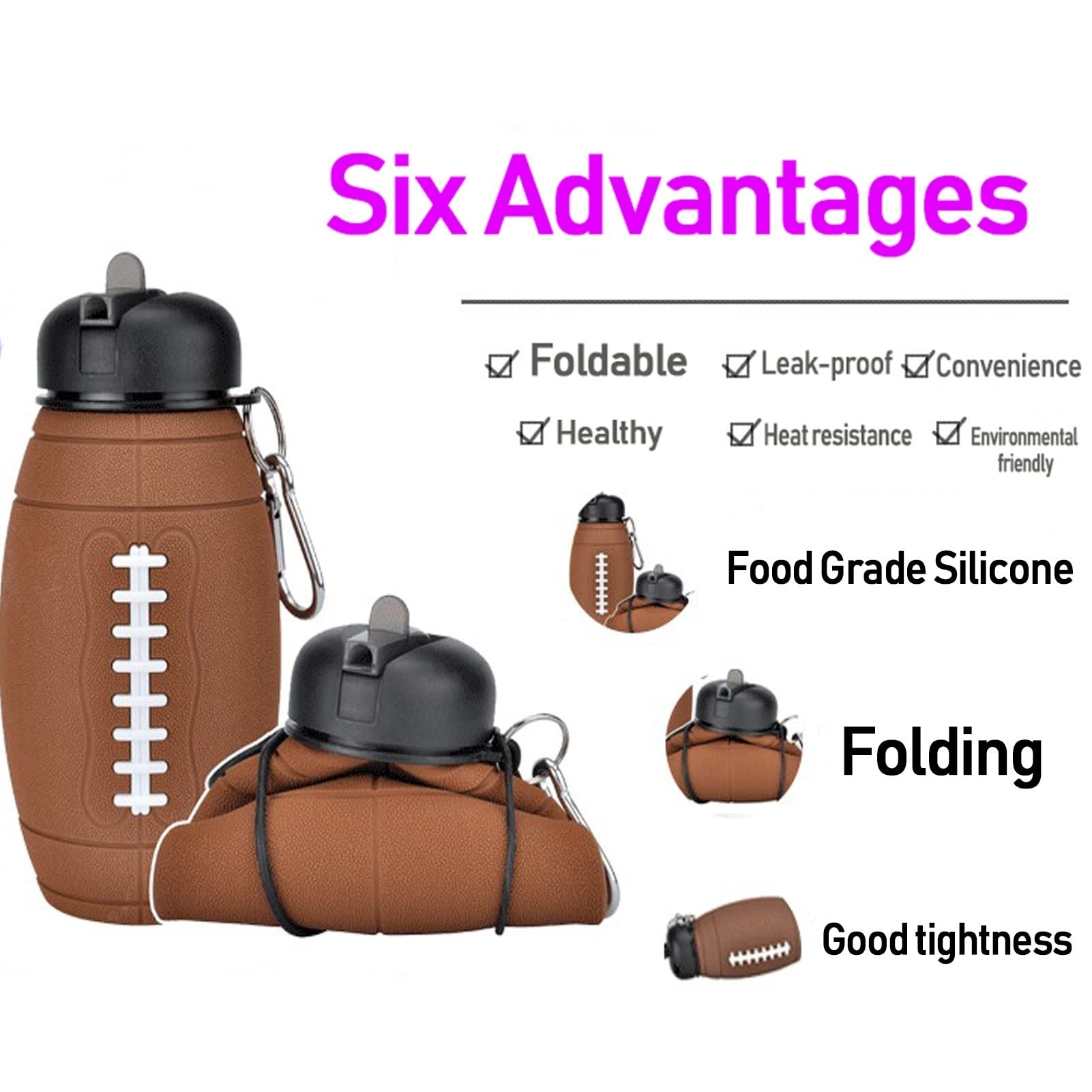 Collapsible Water Bottle 600ml - BPA Free, Food Grade Silicone, Lightweight & Portable for School, Sports, Travel - Rugby Shape Design, Large Capacity, Easy to Carry for Outdoor Activities, Gym & Daily Hydration