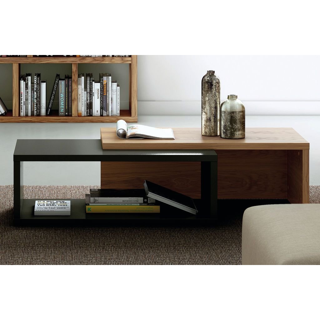 2-Piece Modern Coffee Table Set in Pure Black & Walnut Finish - Perfect for Living Room, Lounge or Office Decor