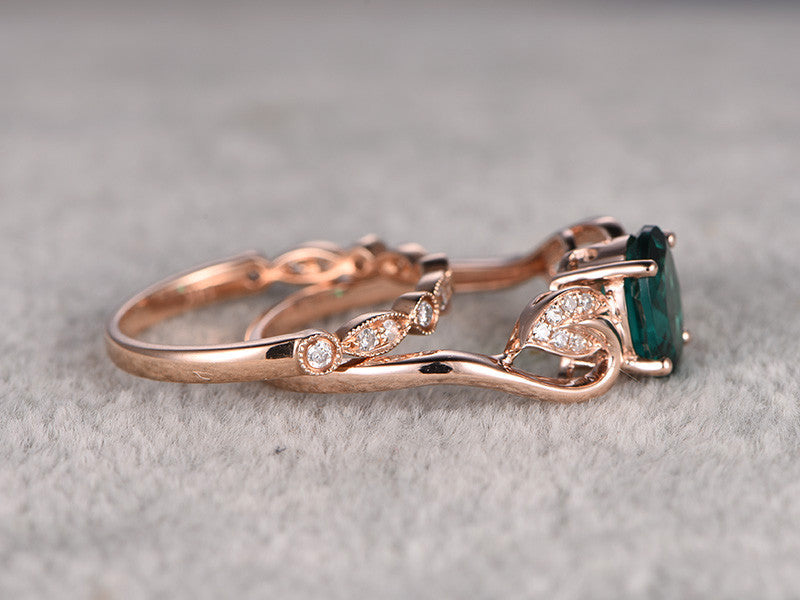 1.2 Carat Emerald & Diamond Engagement Ring Set with Matching Band, 14K/18K Rose Gold Vintage Floral Stackable Ring – Perfect for Wedding, Proposal & Anniversary Gifts