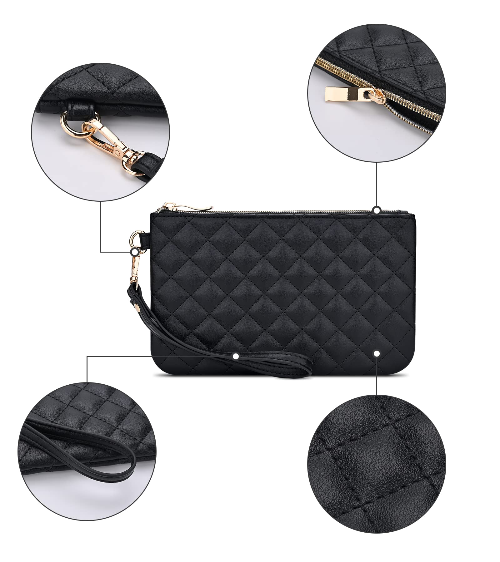 Quilted Vegan Leather Wristlet Purse for Women - Zip Clutch Bag with Strap for Evening, Party & Daily Use | Fashionable Crossbody Pouch for Phone, Cards & Essentials