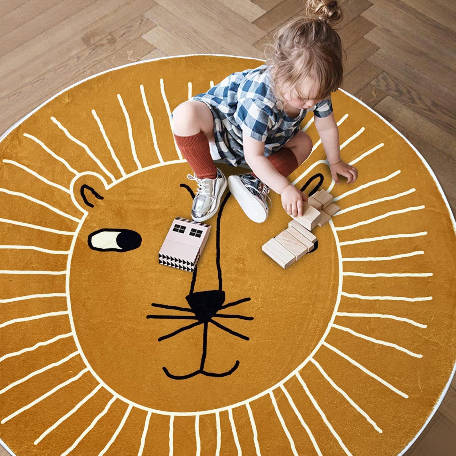 USTIDE 4Ft Round Lion Play Mat for Kids - Non-Slip Soft Nursery Rug, Washable Circle Carpet for Living Room, Bedroom & Playroom Decor | Perfect for Toddler Playtime, Nursery Floor Protection & Cozy Home Decor
