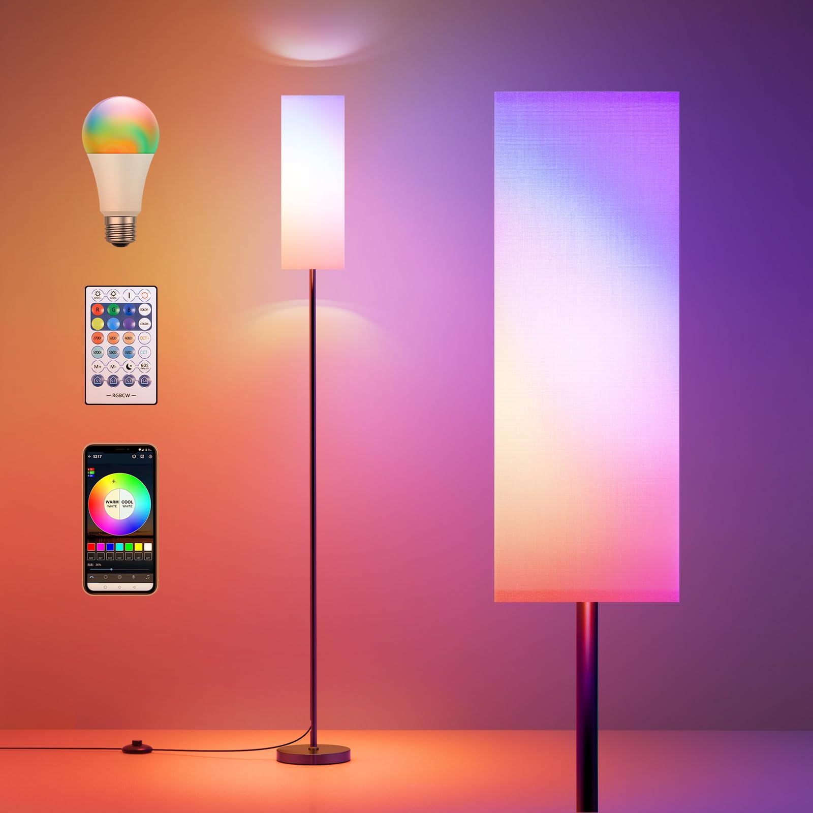 Lithomy Modern RGB LED Floor Lamp with App & Remote Control - Adjustable Standing Lamp for Living Room, Bedroom, Office - White Shade Reading Light for Home Decor, Gaming & Relaxation