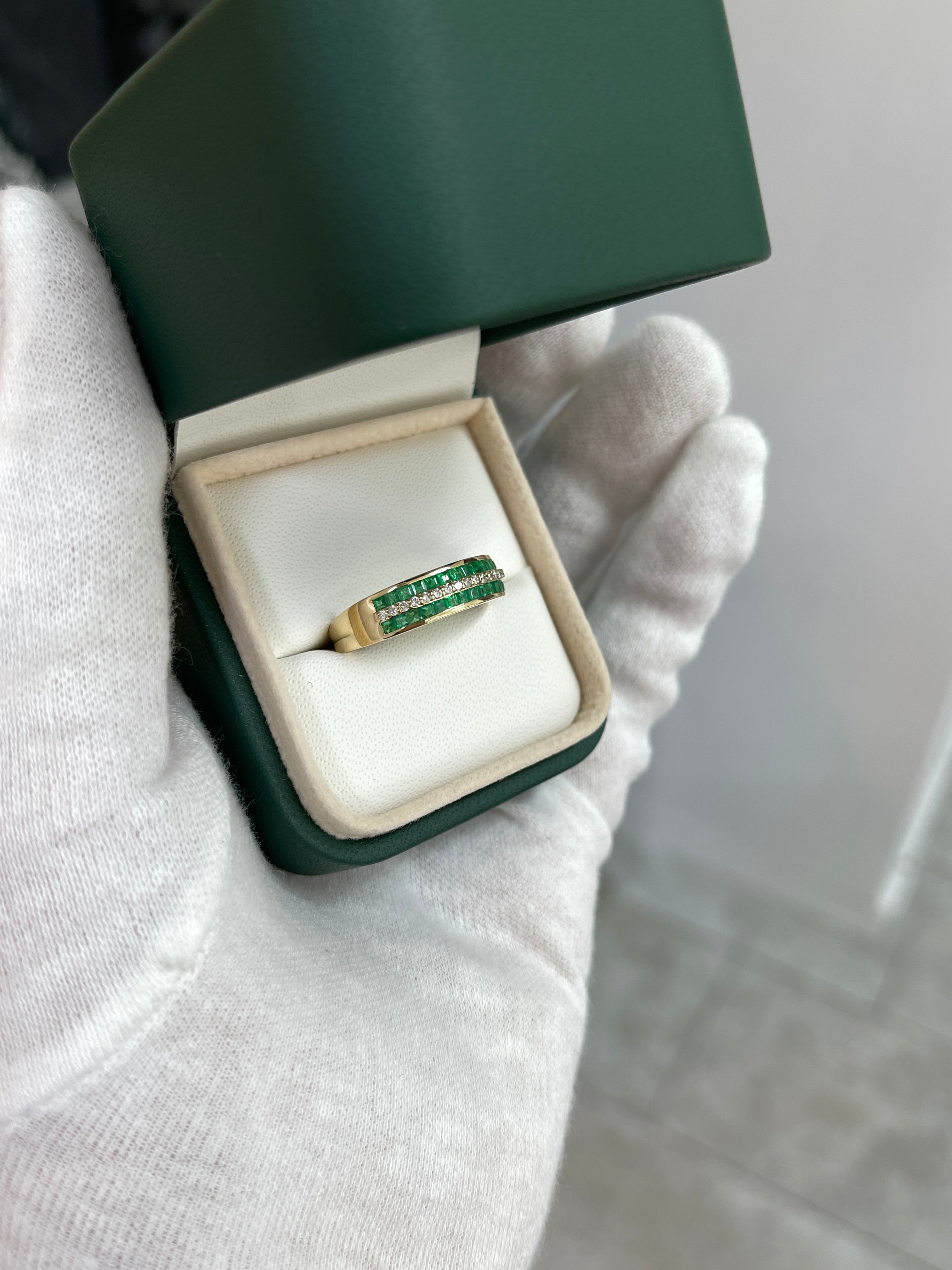 14K Gold Three Row Square Emerald & Diamond Wedding Band - 6mm Wide Elegant Stackable Ring for Bridal, Anniversary & Special Occasions