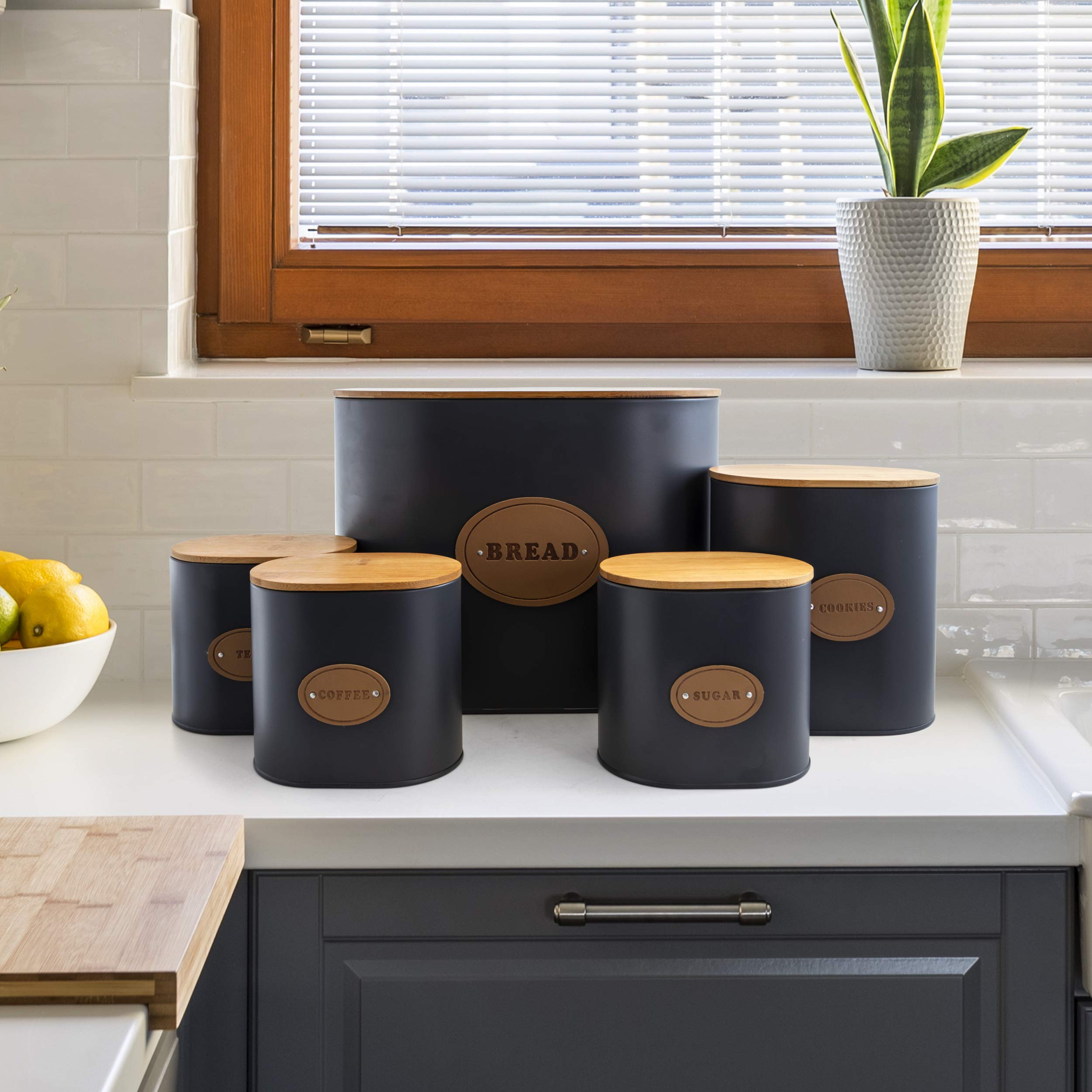 MegaChef 5-Piece Grey Kitchen Canister Set with Bamboo Lids - Airtight Food Storage Containers for Flour, Sugar, Coffee & Pantry Organization - Perfect for Modern Kitchens & Home Organization