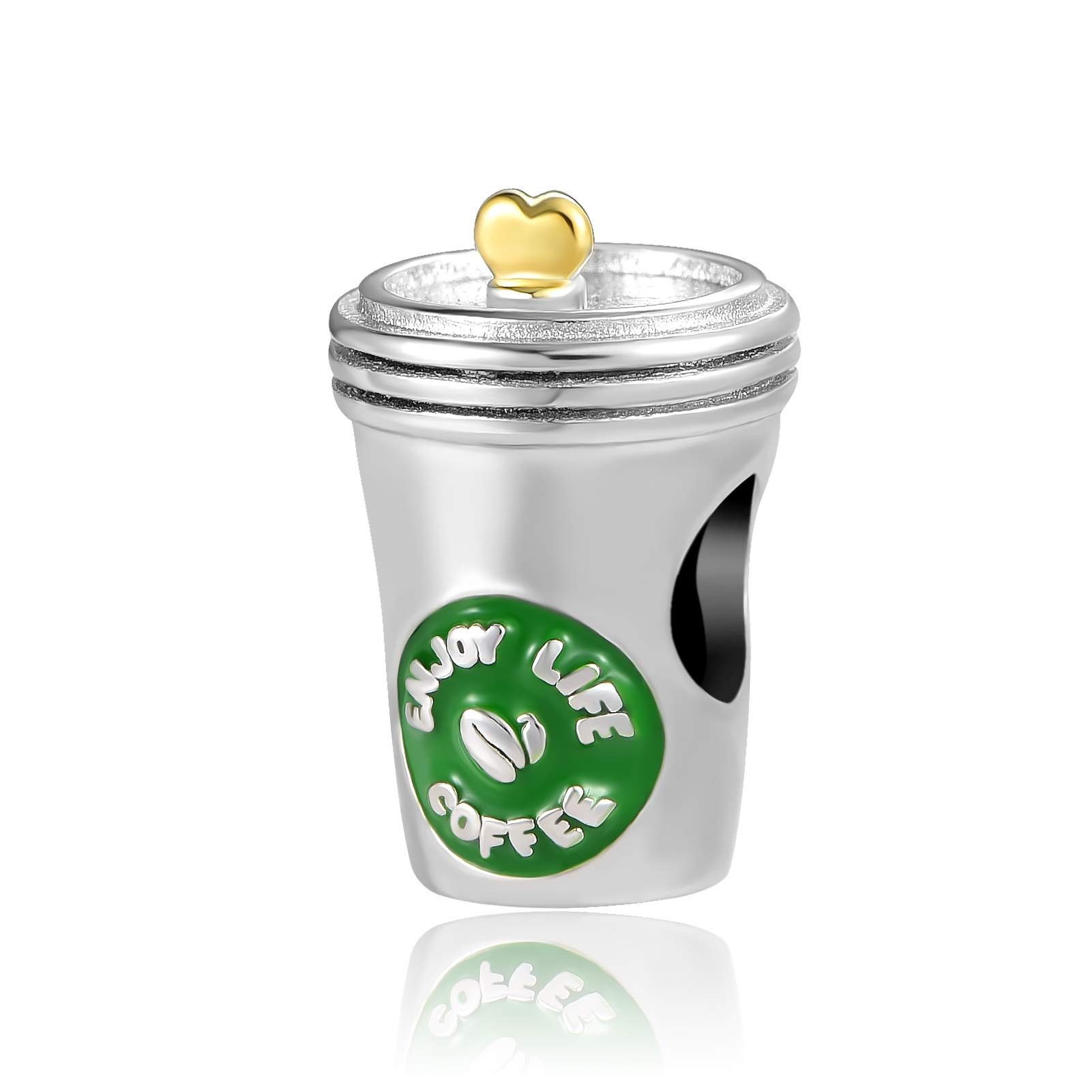 NanMuc Green Enamel Gold Heart Coffee Cup Charm Bead for Pandora Bracelets - Perfect Gift for Women & Girls | Coffee Lover Accessory, Jewelry Gift for Birthday, Anniversary