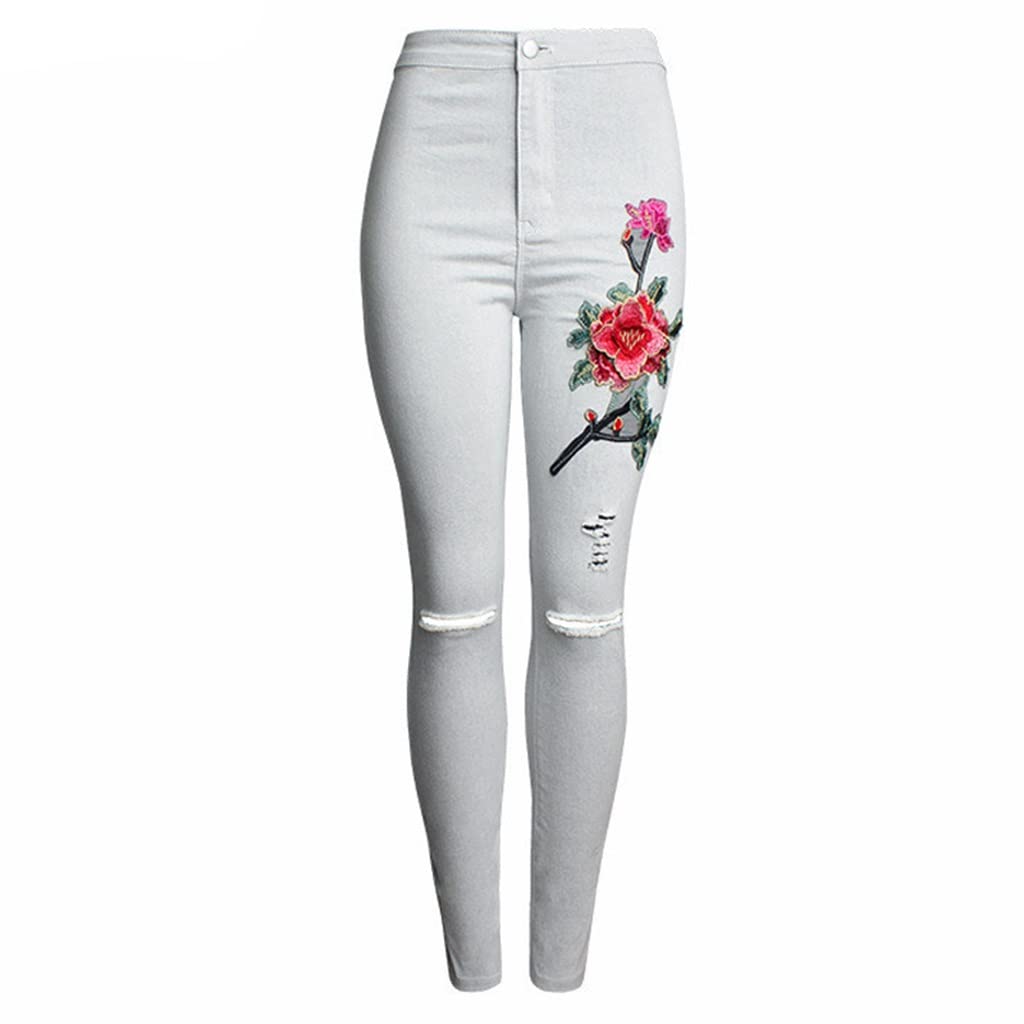 CJTMY Women's High Waist Ripped Skinny Jeans with Floral Embroidery - Stretch Denim Pants (Color: As Shown, Size 38) | Perfect for Casual Outfits, Date Nights & Street Style Fashion