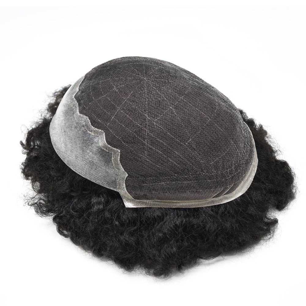 Afro Curly Human Hair Toupee for Black Men - 8x10 French Lace Front Wig with Kinky Curls - Natural #1B Black Hair Replacement System for African American Men (Afro Wavy 4mm) - Perfect for Daily Wear, Cosplay, and Special Occasions