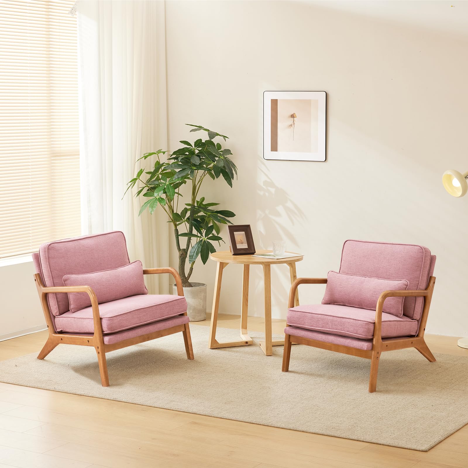 VINGLI Set of 2 Mid Century Modern Accent Chairs - Pink Linen Upholstered Lounge Armchairs with Wooden Legs for Living Room, Bedroom & Reading Nook - Cozy Comfortable Seating for Adults (Perfect for Relaxing, Reading & Home Decor)