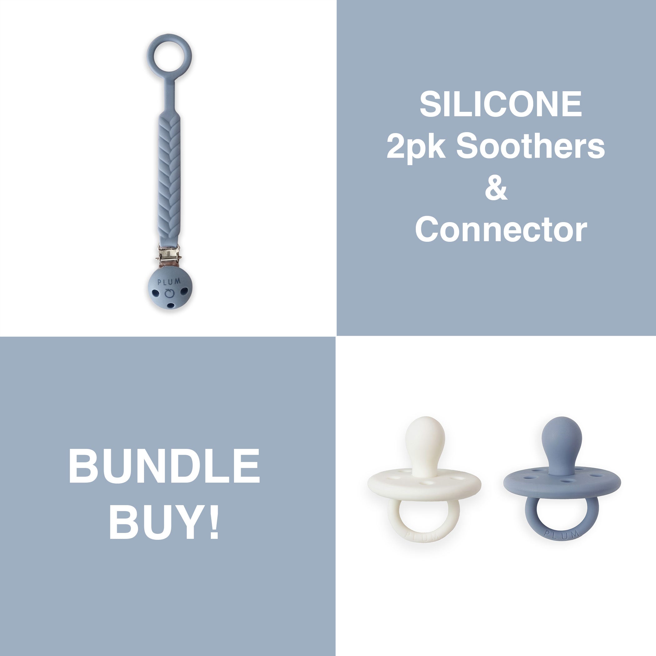 PLUM Silicone Baby Pacifiers & Connector Set - BPA-Free, Steel Blue (0-6 Months) - Perfect for Newborns, Infants, and Travel Essentials