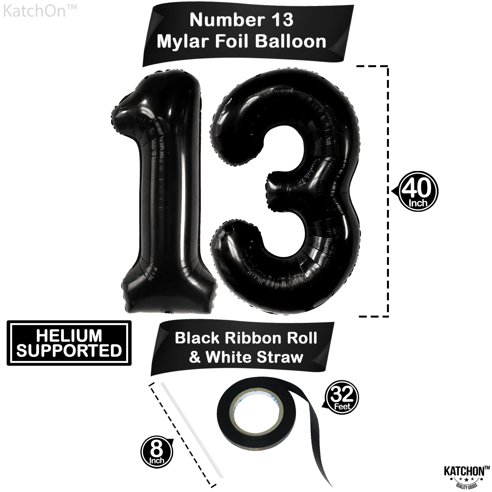 KatchOn 40 Inch Black 13 Balloon Numbers - Large Birthday Decorations for 13th Birthday Party | Teen Boy & Girl Celebration | Perfect for Sweet 16, Quinceañera & Milestone Events