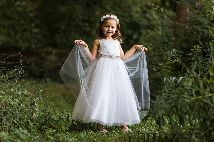 Elegant Rhinestone Trim Tea-Length Bridesmaid Dress for Big Girls Size 8-14 | Blush Lace Formal Gown for Weddings, Prom & Special Occasions