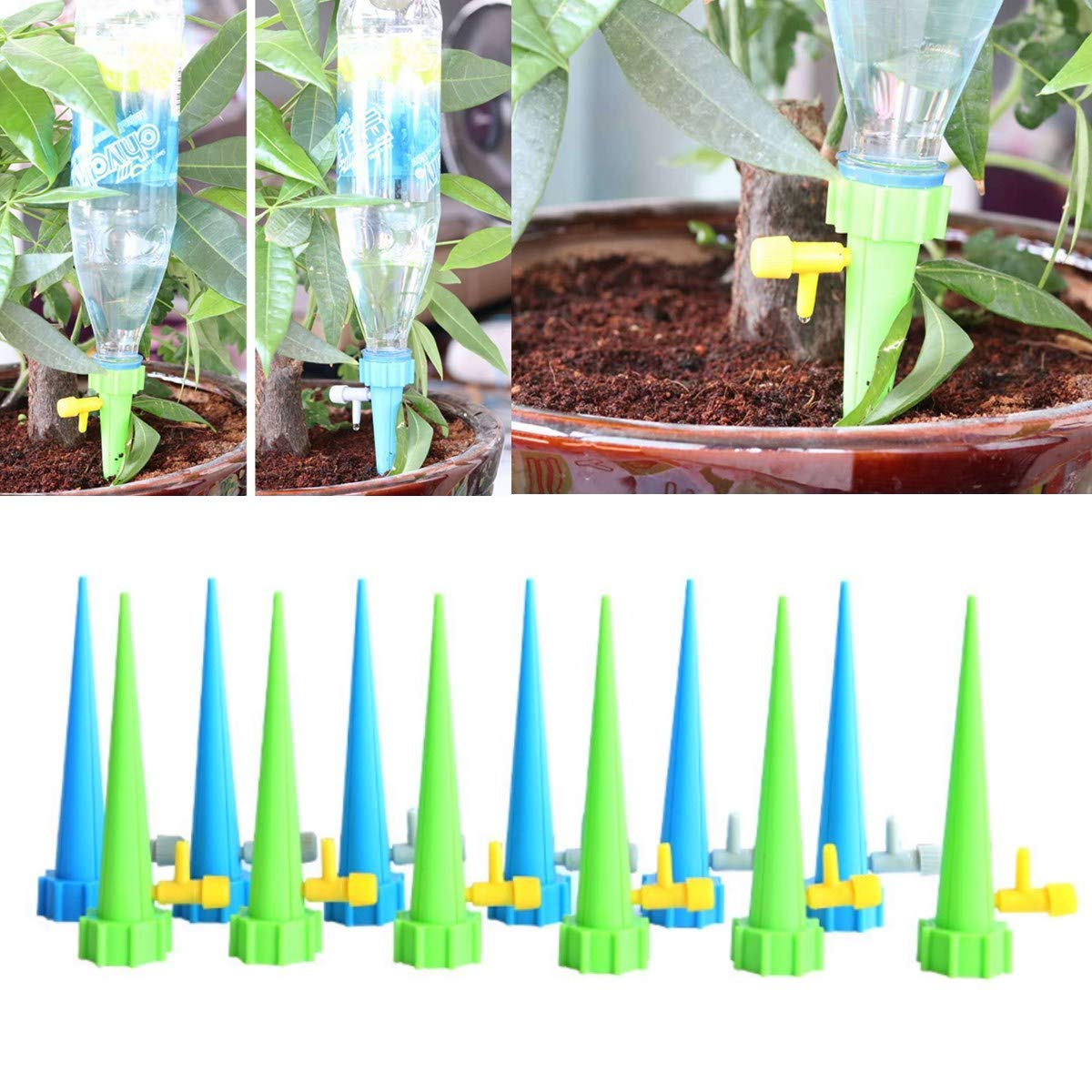 12 Pack Self Watering Spikes - Automatic Drip Irrigation System with Adjustable Flow Control Valve for Indoor/Outdoor Plants, Flowers, Vegetables - Perfect for Vacation Care & Garden Watering